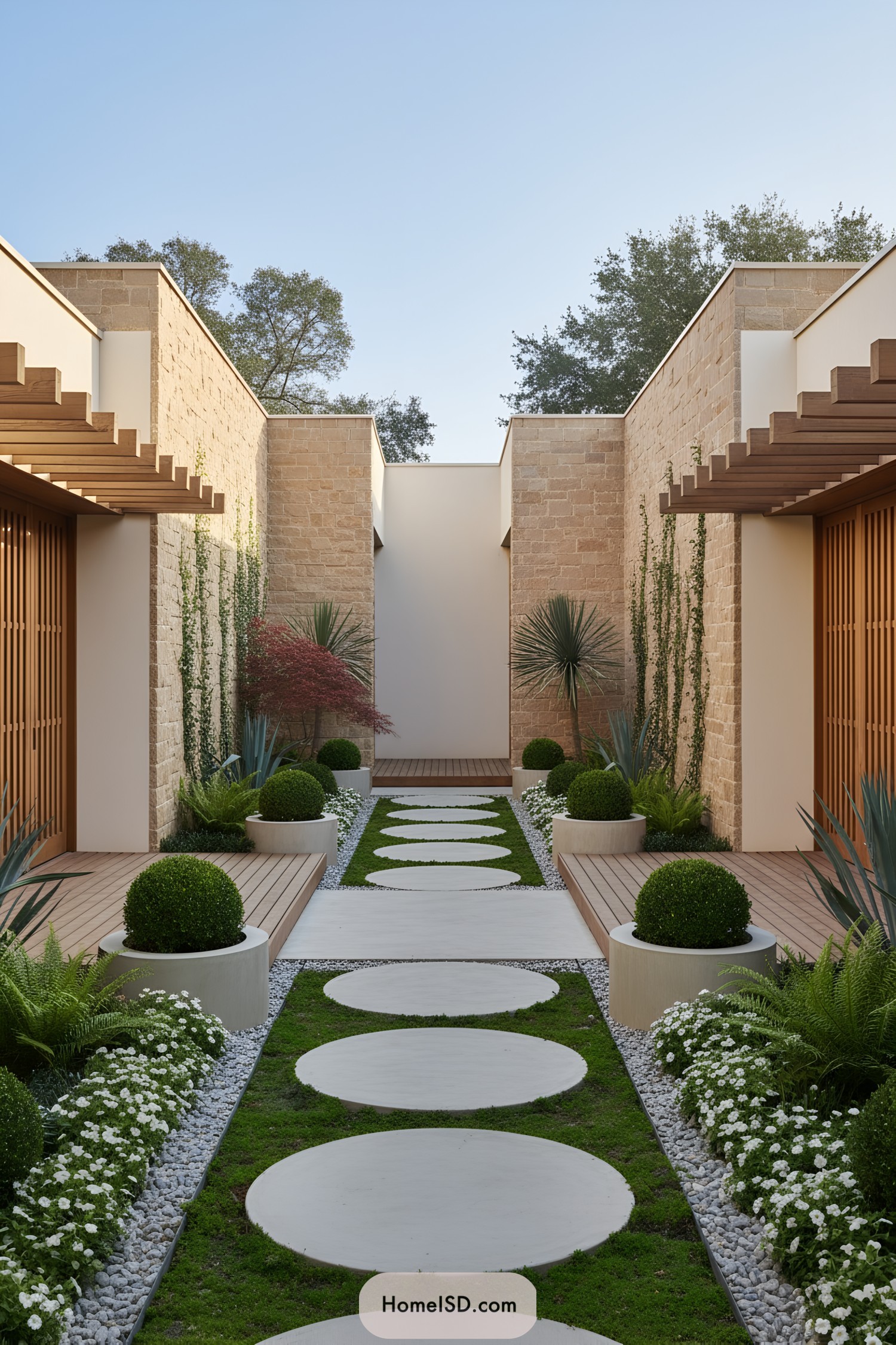 Round concrete pavers on mossy path between stone walls, with sculpted shrubs, agaves, and wood pergolas