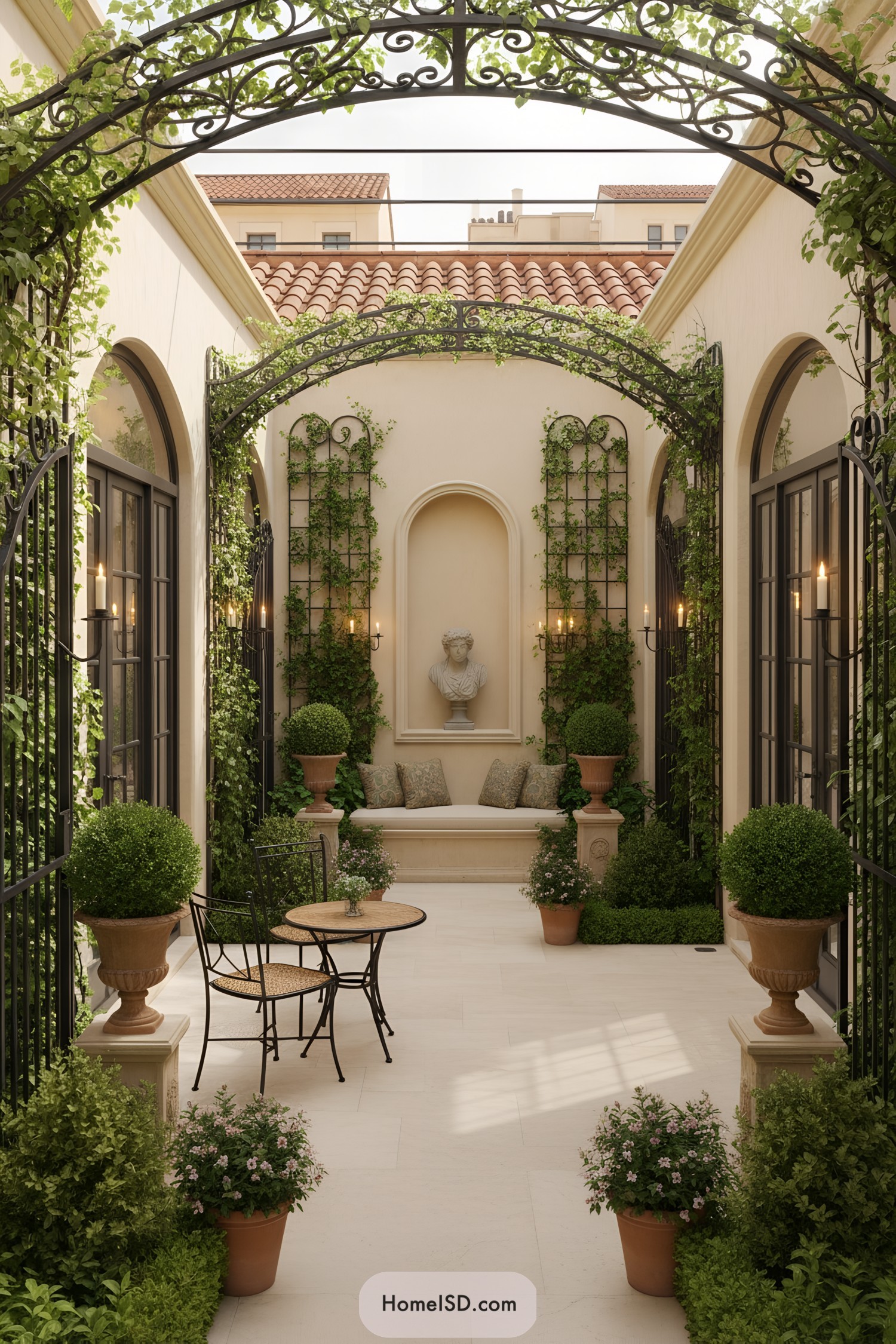 Intimate courtyard with ivy-clad arches, urns, and a built-in bench