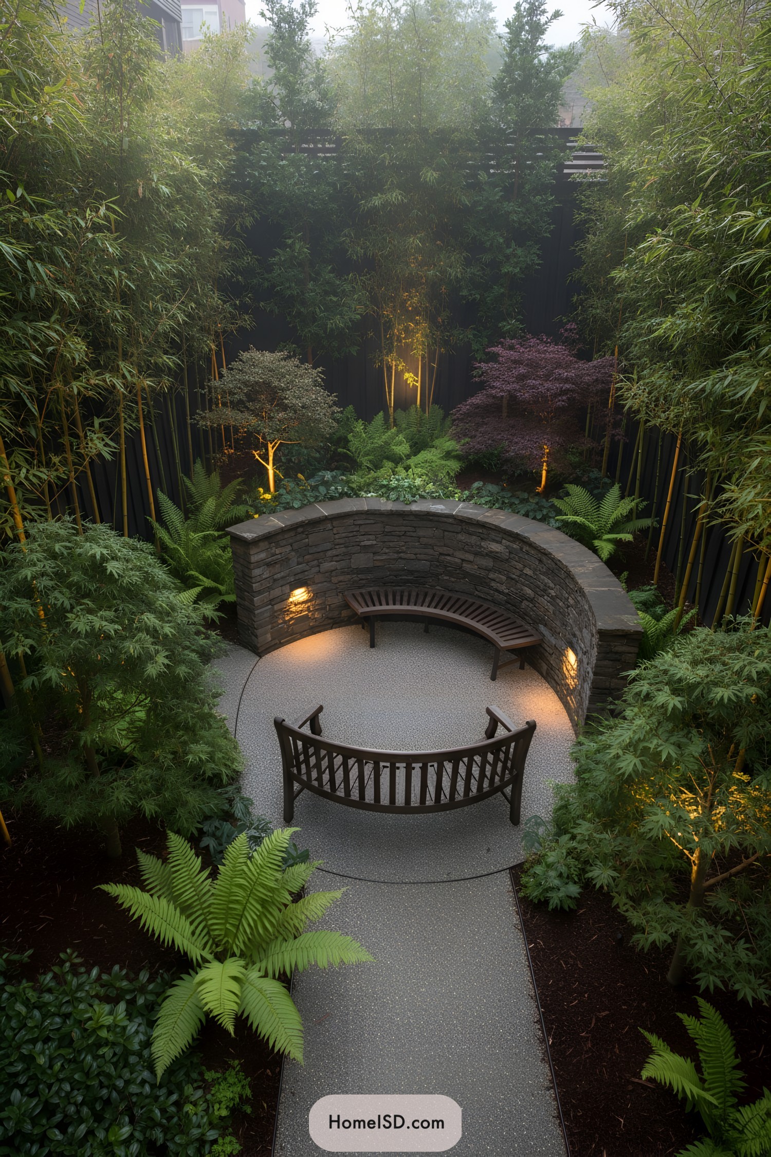Curved stone seating nook amid lit bamboo