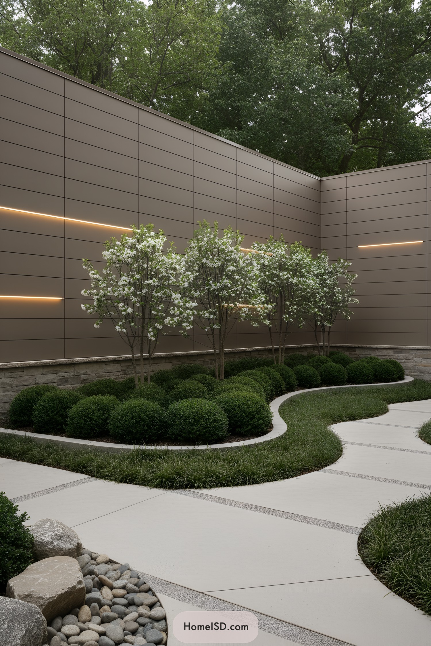 Curving concrete walk flanked by boxwoods and flowering trees against a paneled wall with linear lights