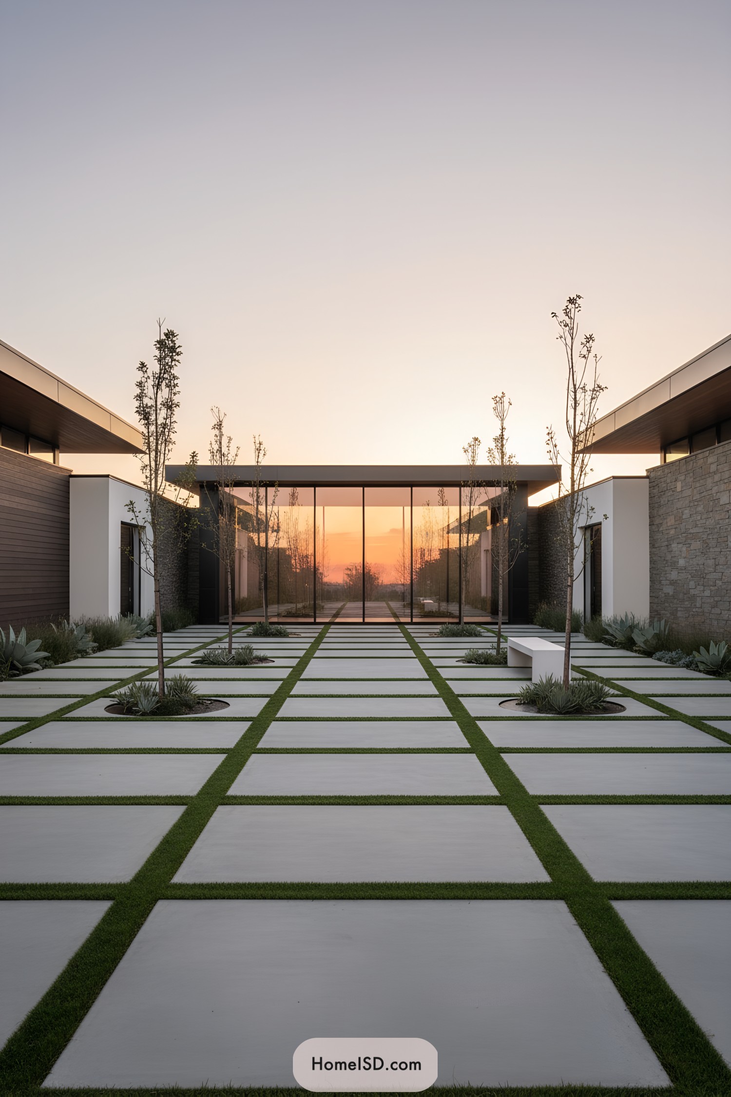 Minimalist courtyard with large pavers and trees