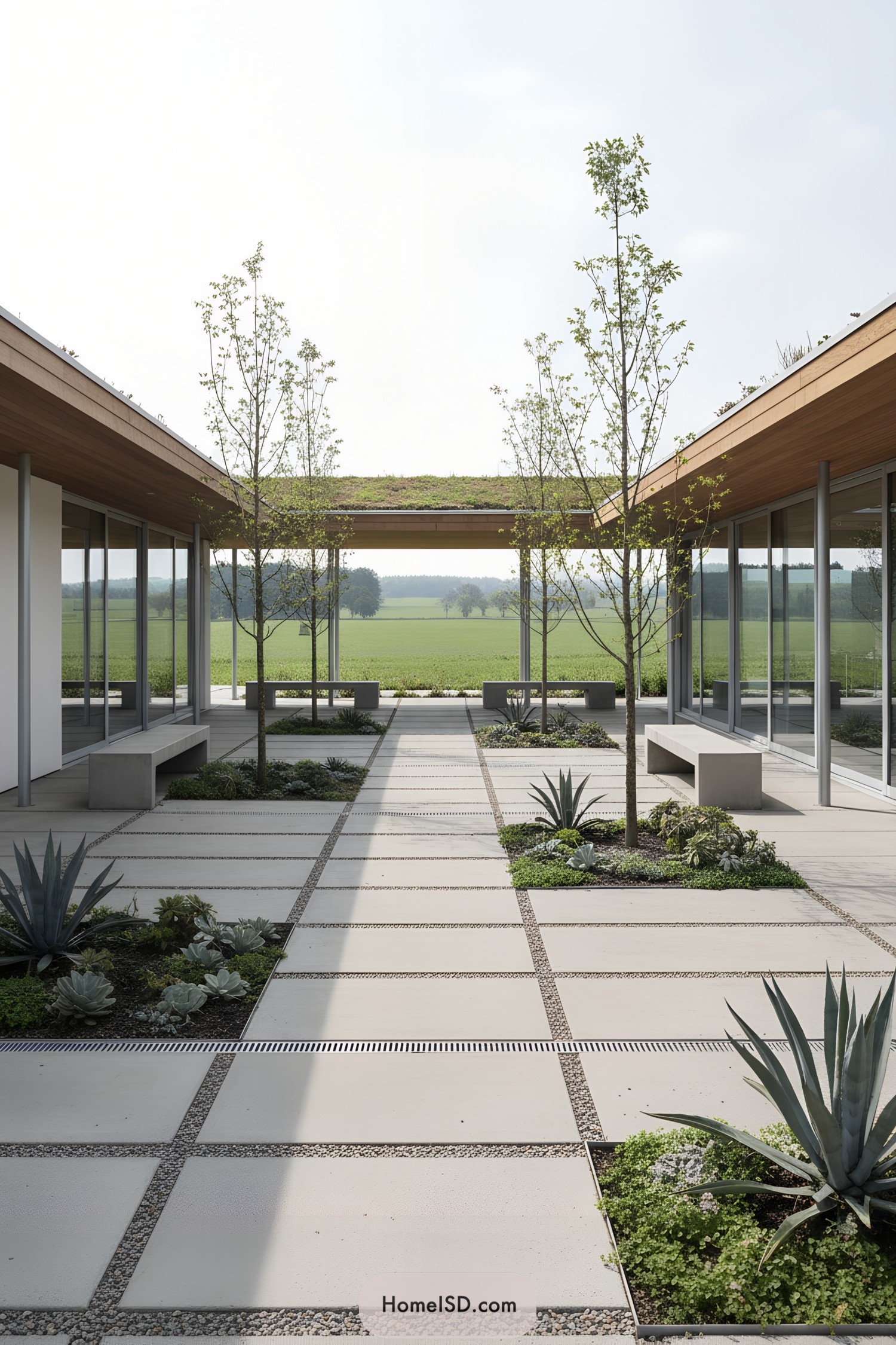 Modern courtyard with large pavers, gravel joints, sparse trees, and agaves framed by glass walls and benches