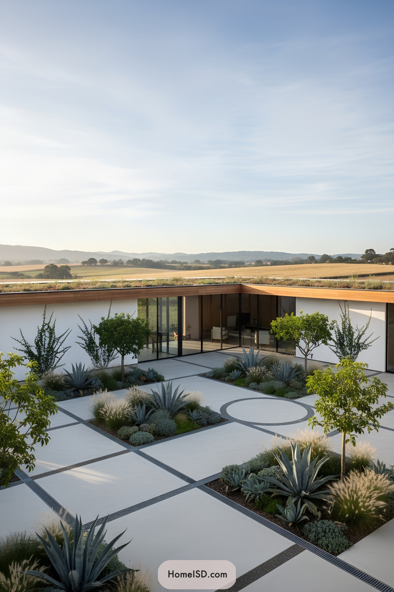 Minimalist courtyard with gridded pavers, agaves, and small trees