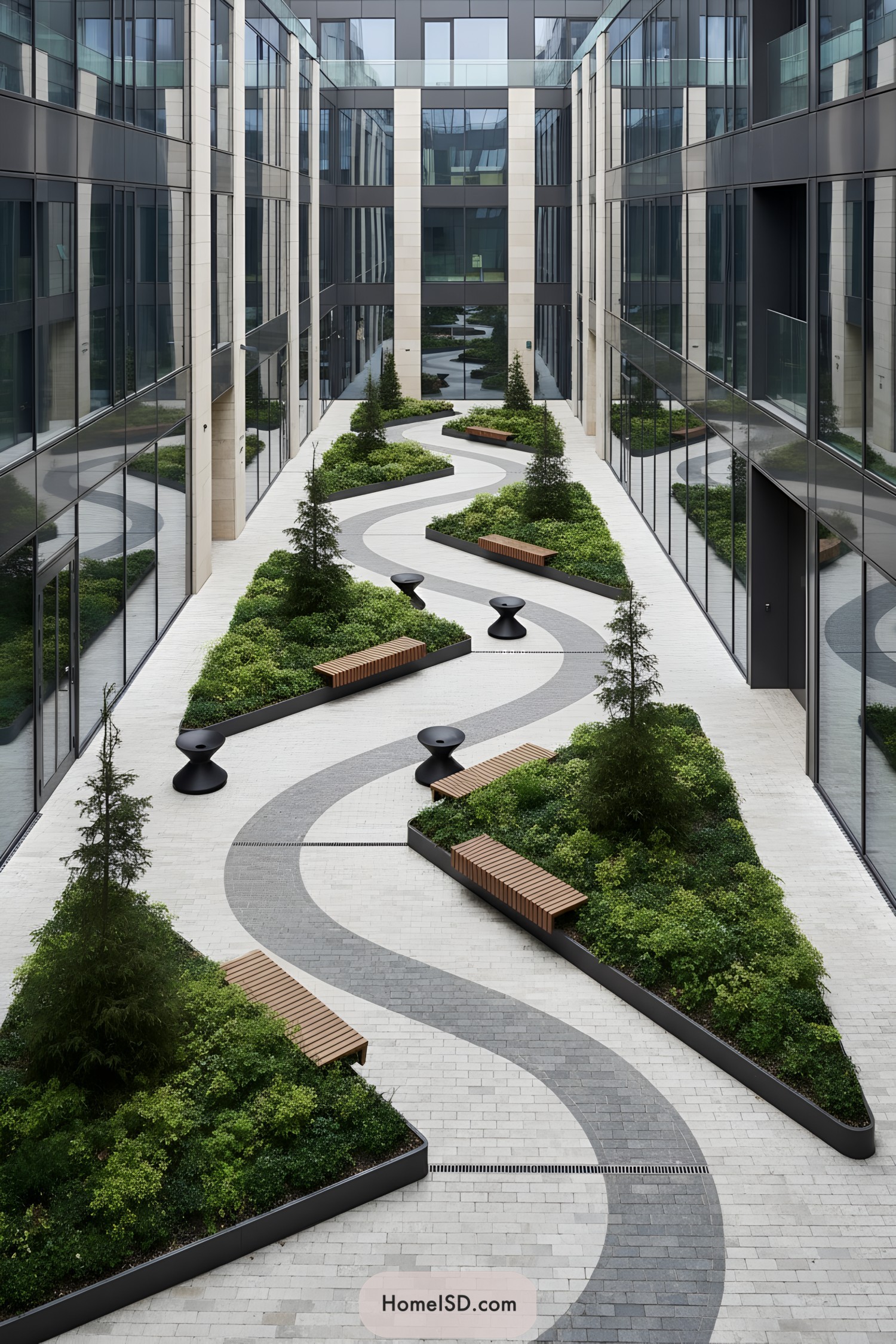 Curving path through triangular planted islands with benches