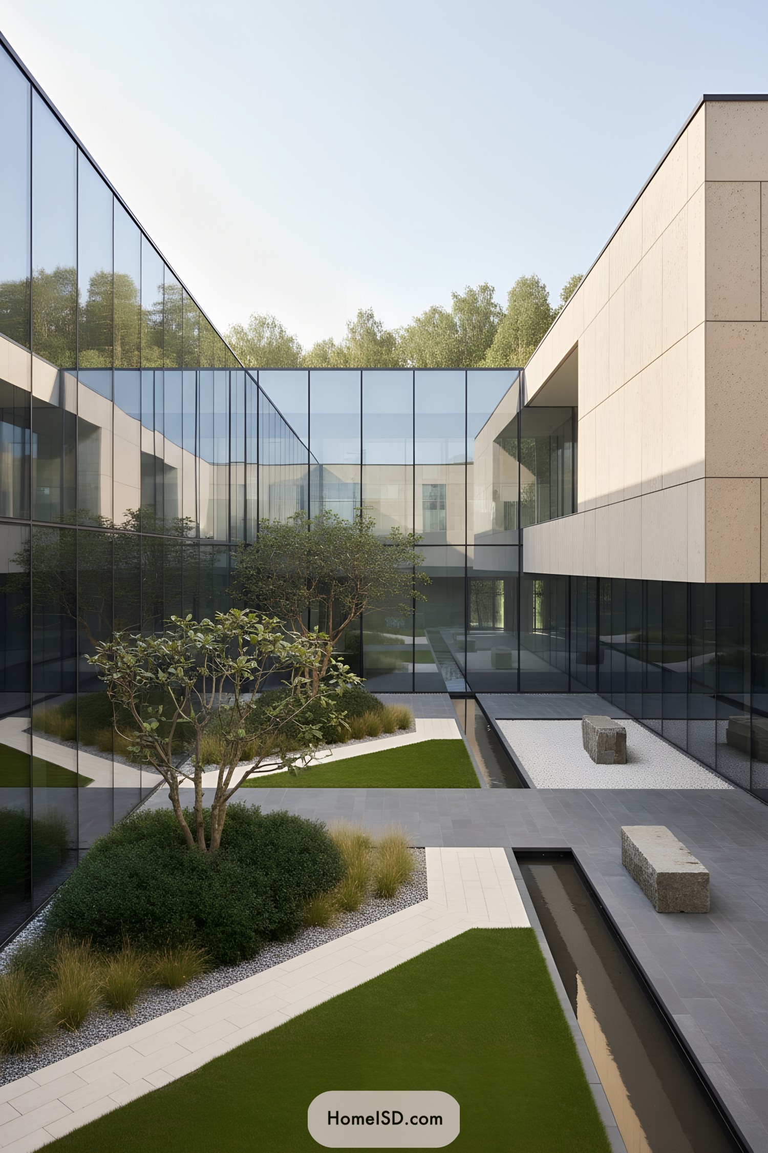 Minimalist courtyard with glass walls, geometric lawns, and rill