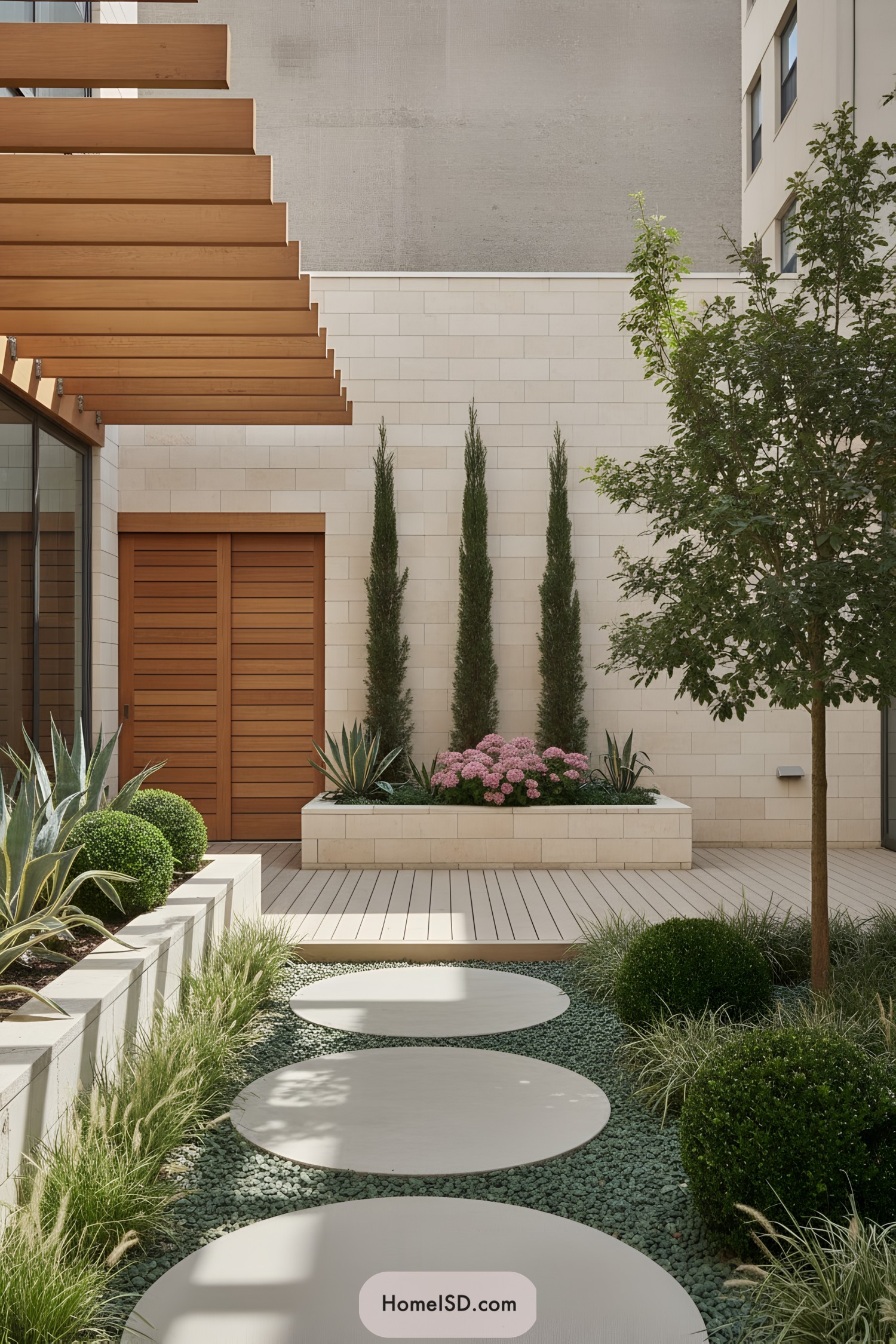 Minimalist courtyard with round pavers, pergola, and sculpted greenery