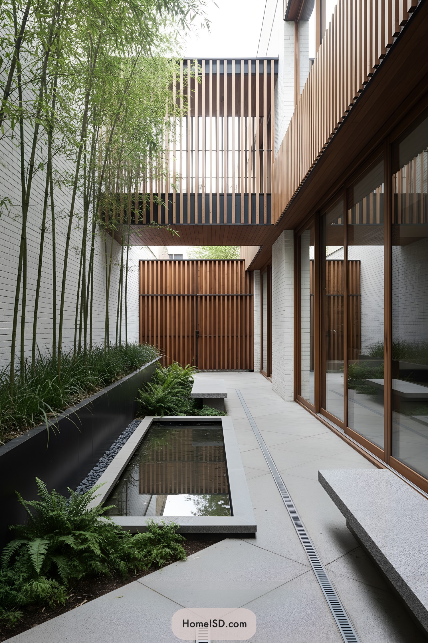 Minimalist courtyard with bamboo, slatted wood, and a narrow reflecting pool