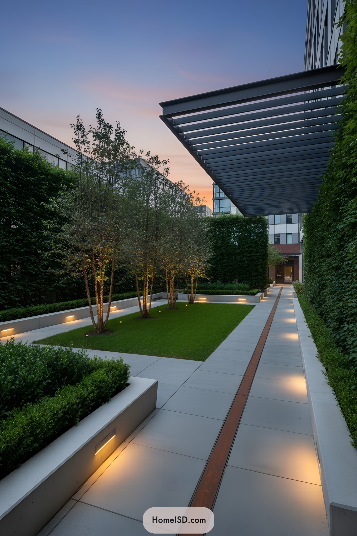 Modern courtyard with lit pathway, green lawn, and slim trees