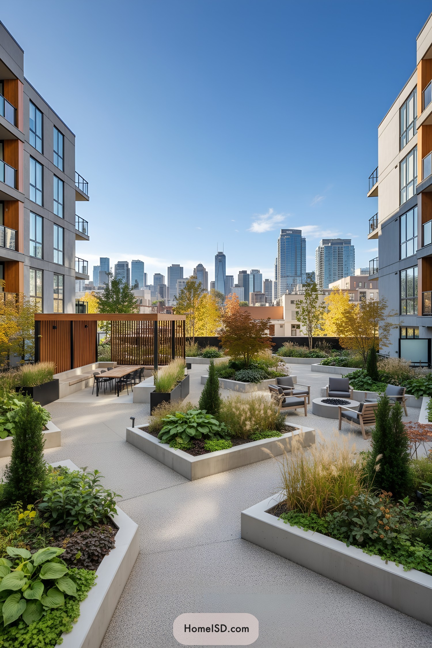 Urban courtyard with planters, pergola, seating, and city skyline