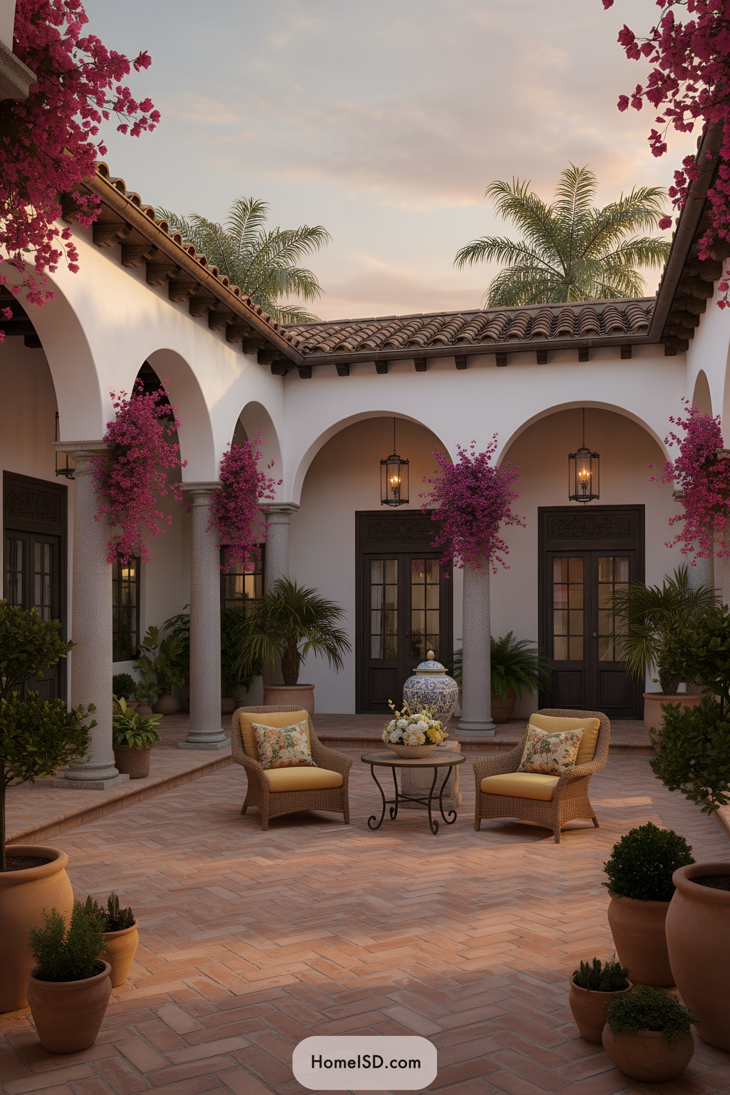 Mediterranean courtyard with arches, bougainvillea, and terracotta