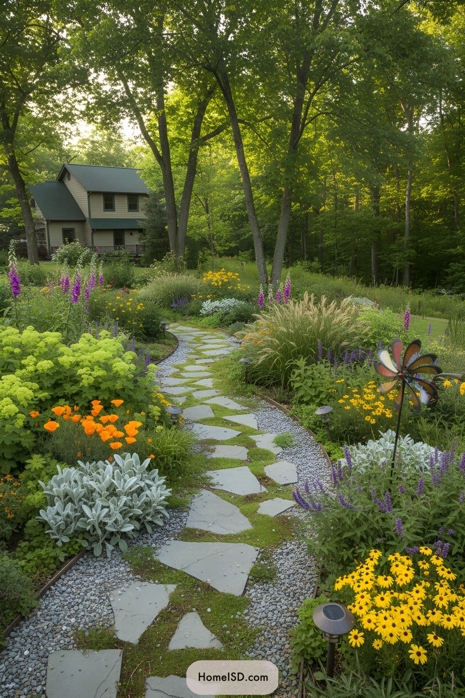 Curving stone path through lush colorful cottage garden toward a house in a wooded yard