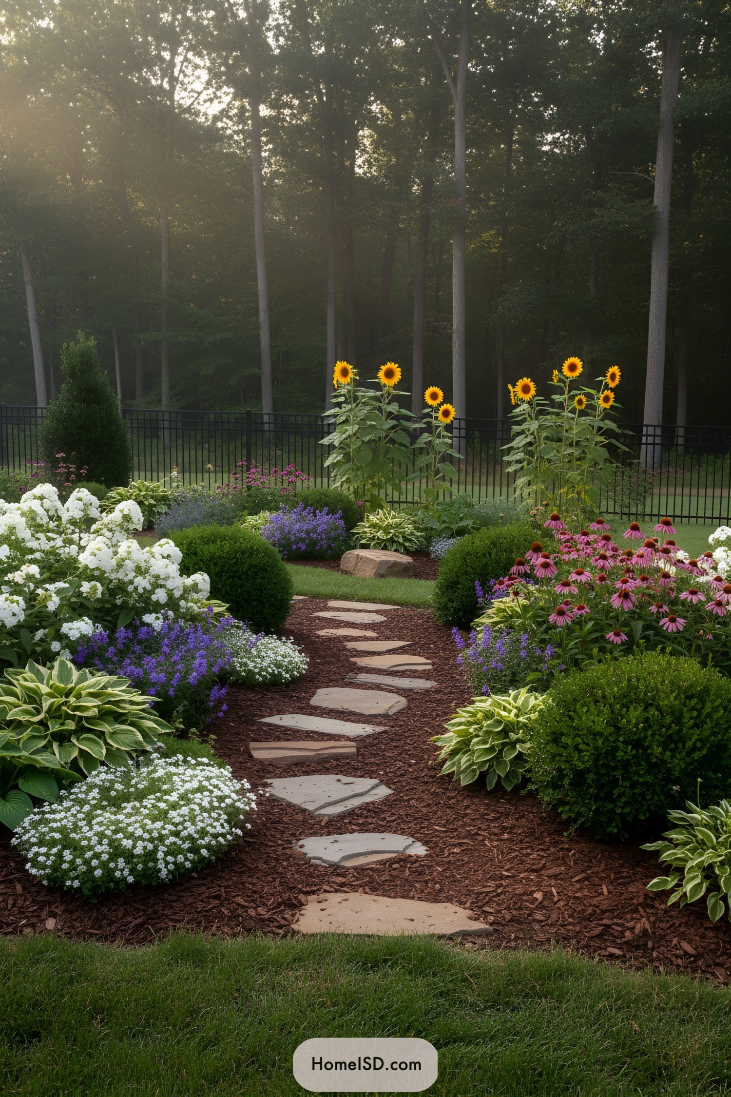 Curved stone path winding through colorful flower beds with sunflowers and lush perennials