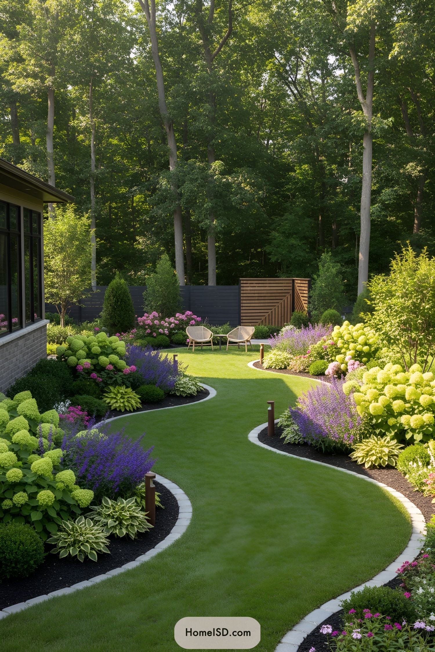Curved green lawn path framed by colorful flower beds and forest backdrop