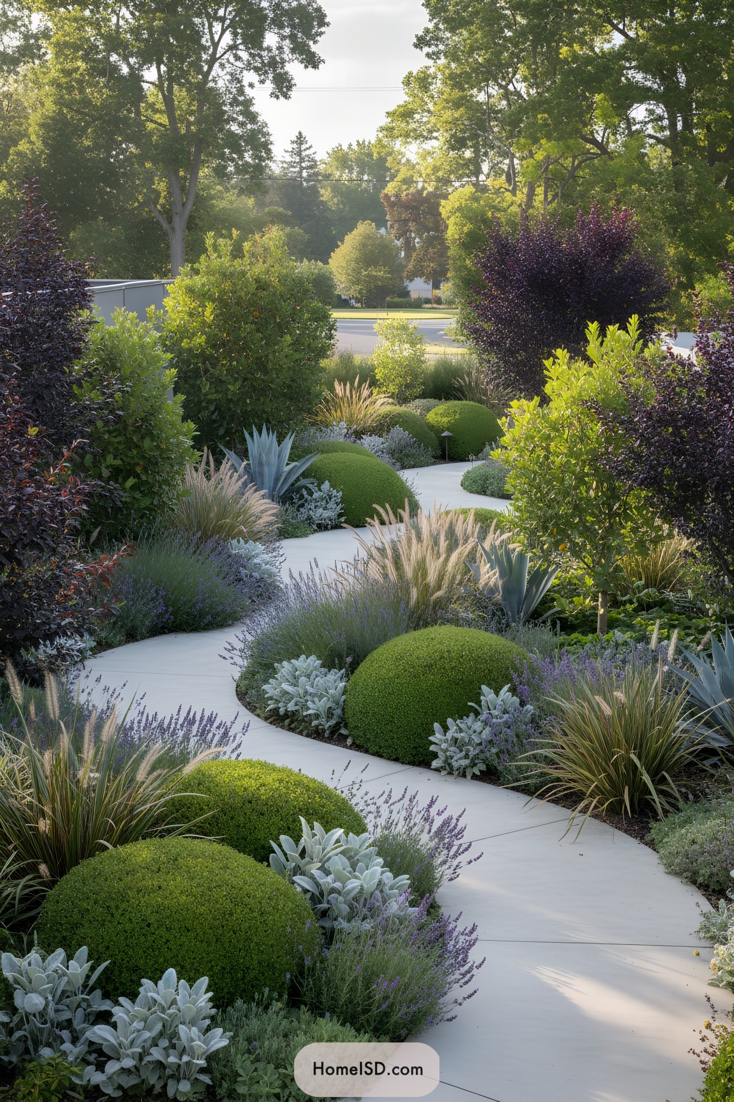 Curving garden path bordered by mounded shrubs and mixed foliage