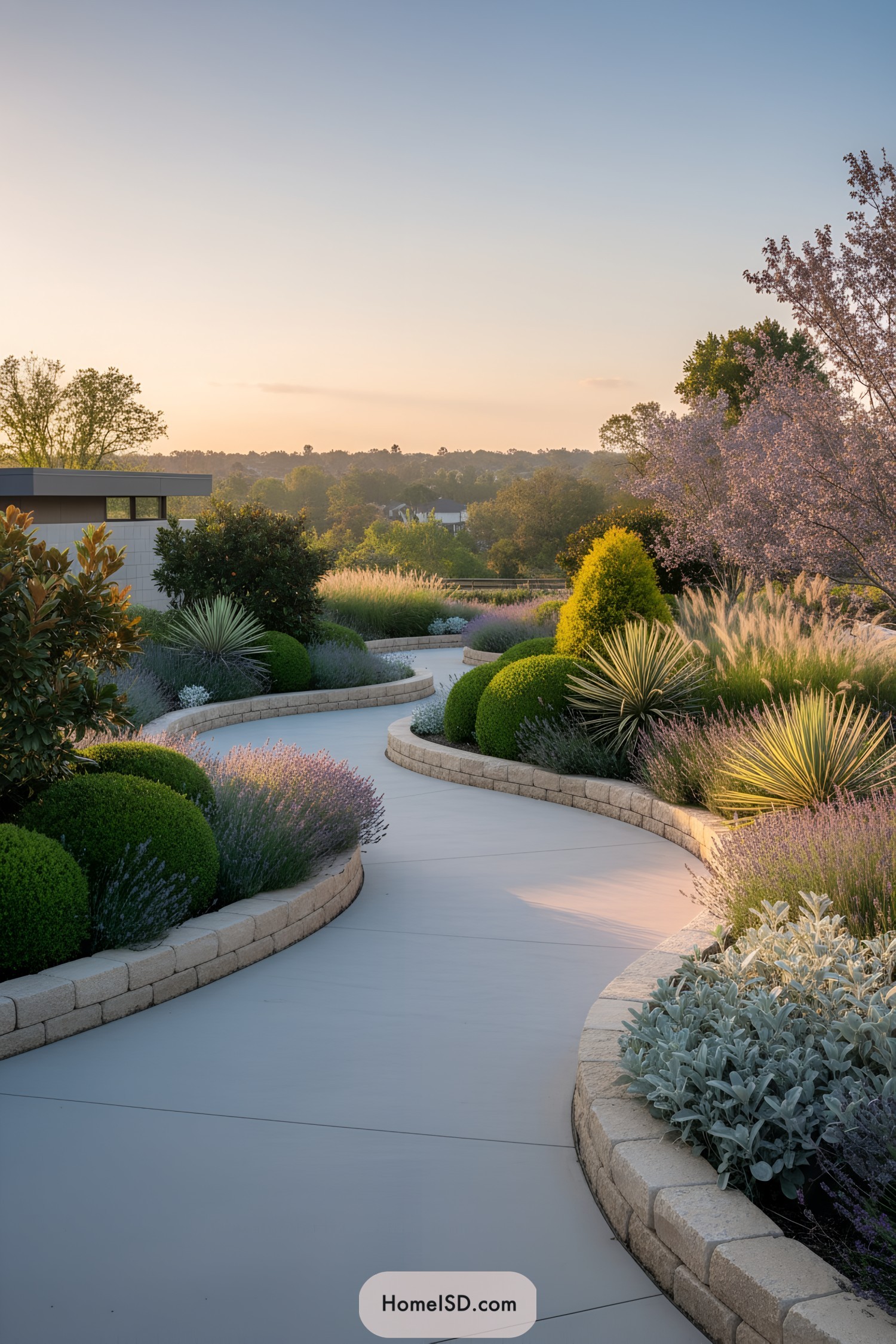 Curved concrete path bordered by sculpted shrubs and grasses at sunset