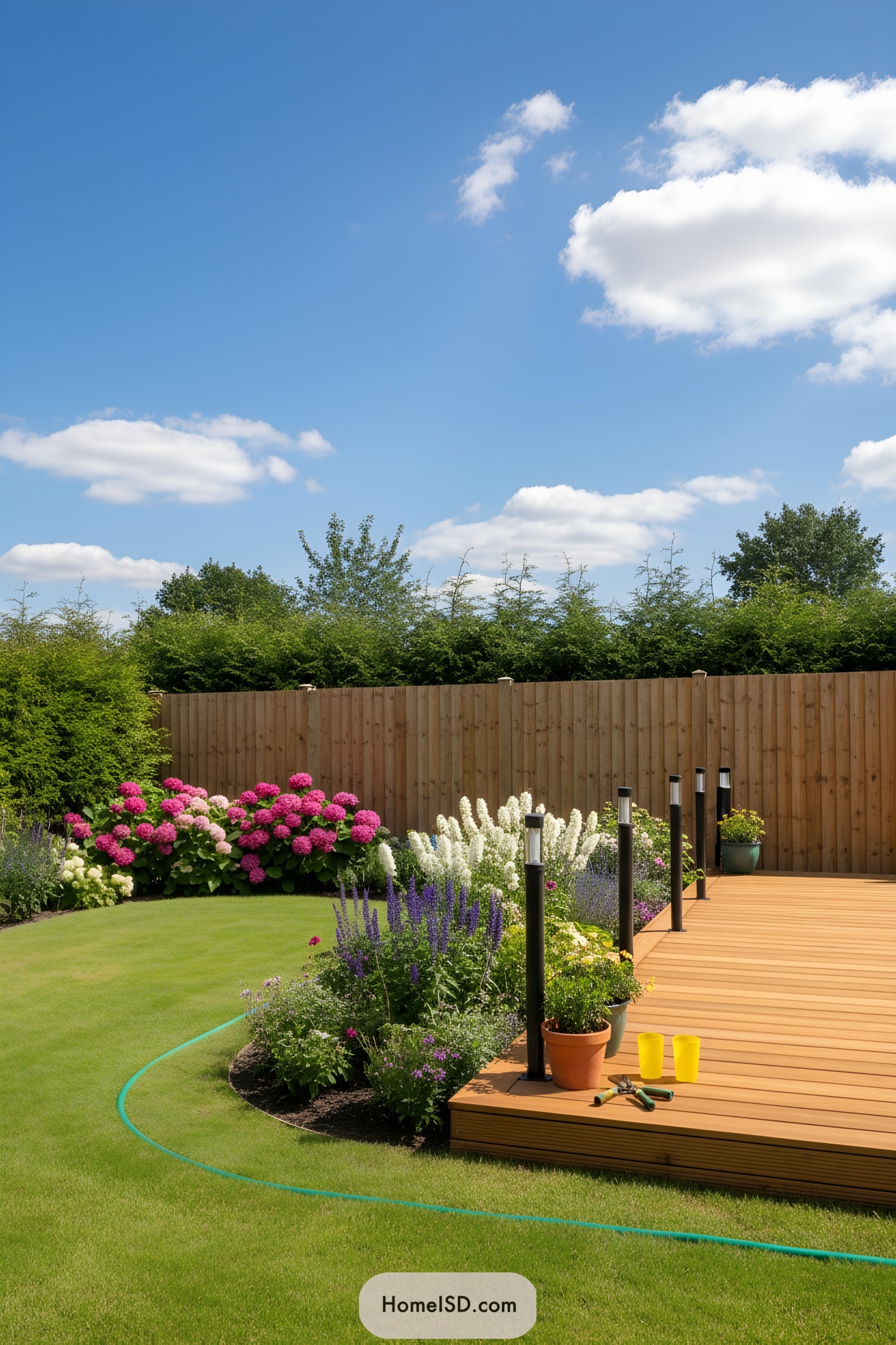 Curved lawn edge with vibrant flower beds beside a wooden deck in a fenced backyard