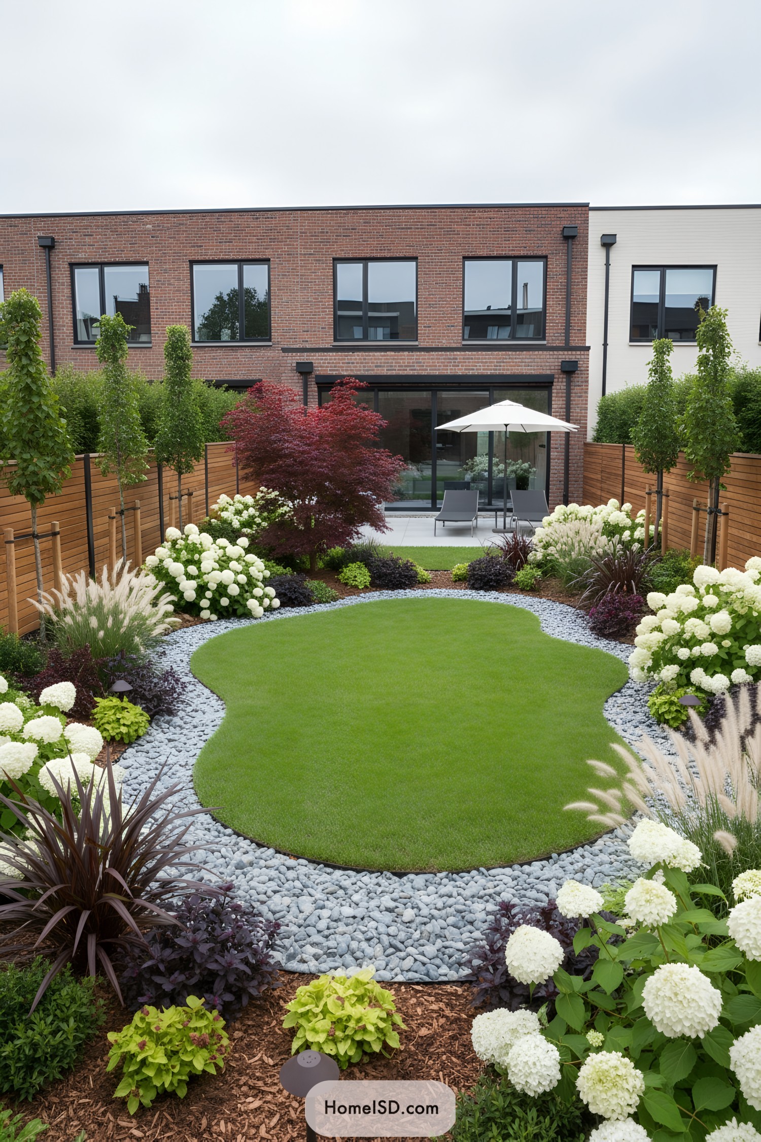 Curved central lawn with pebble edging and layered flowering borders in a modern townhouse backyard