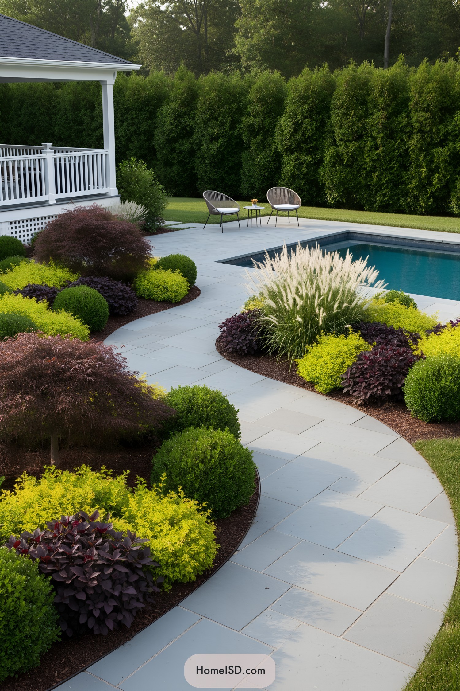 Curved stone path with sculpted poolside plantings