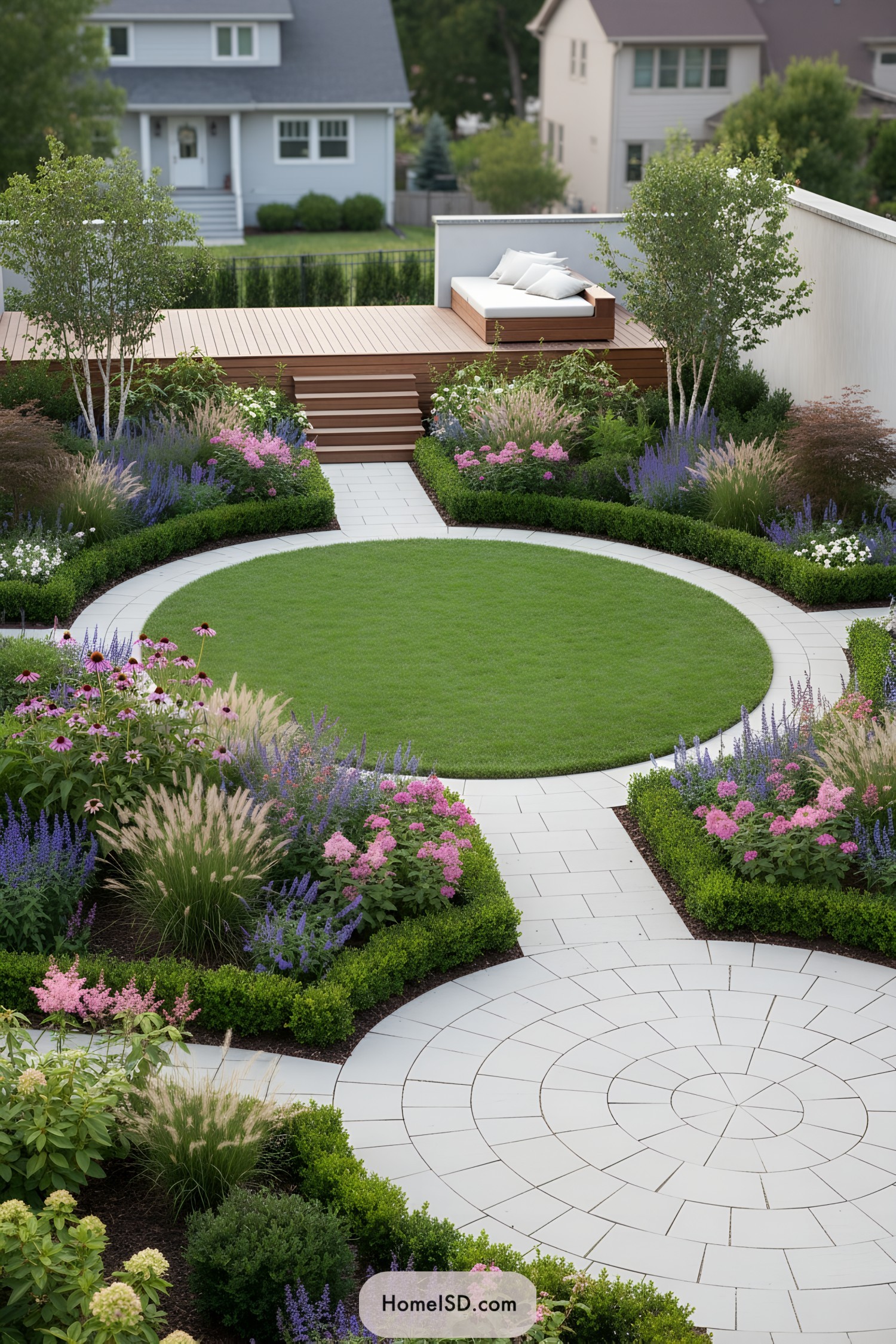 Curved paved garden with circular lawn, colorful flower beds, and a raised wooden deck lounge