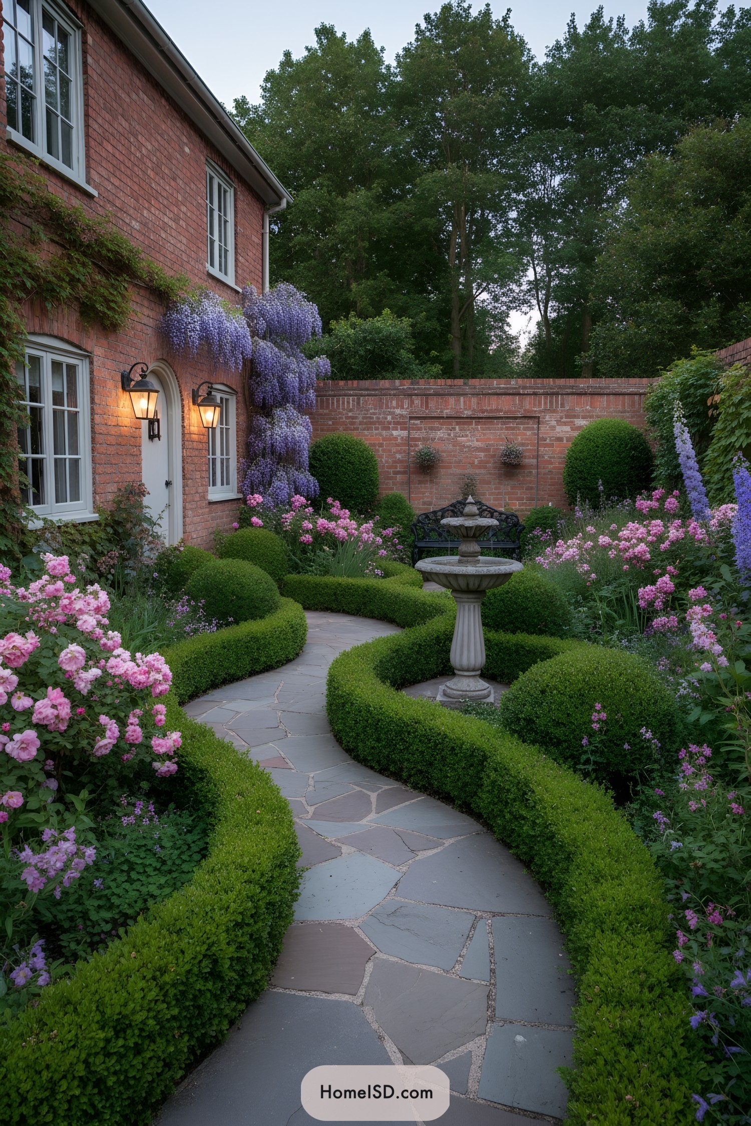Curved stone garden path bordered by clipped boxwood hedges, pink flowers, and a central fountain in a brick-walled courtyard