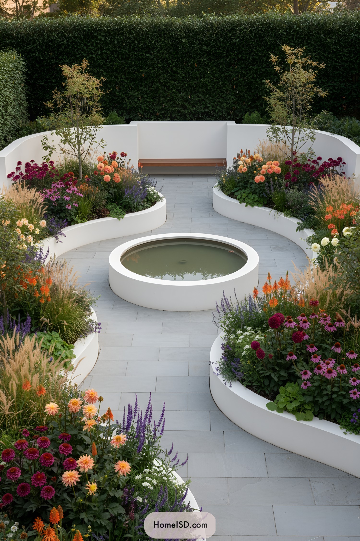 Curved white planters with colorful blooms around a central round water feature
