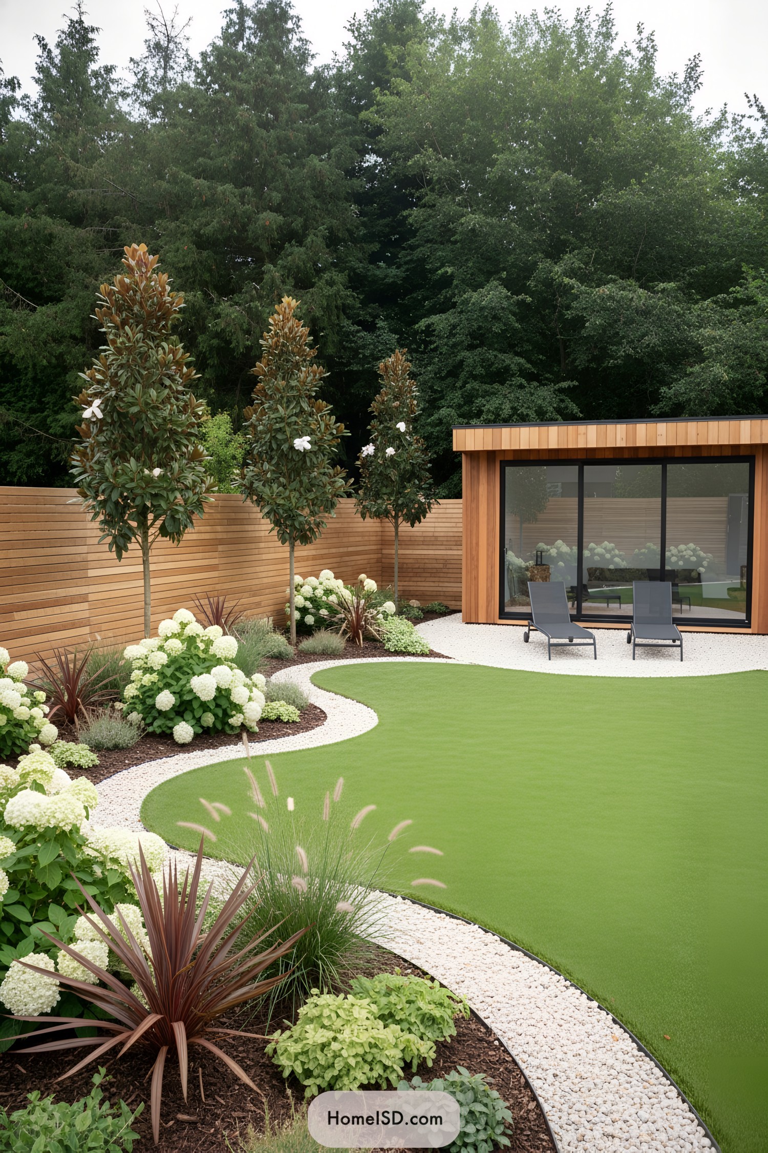 Curved modern lawn with pebble-edged beds and a small cedar-clad garden studio