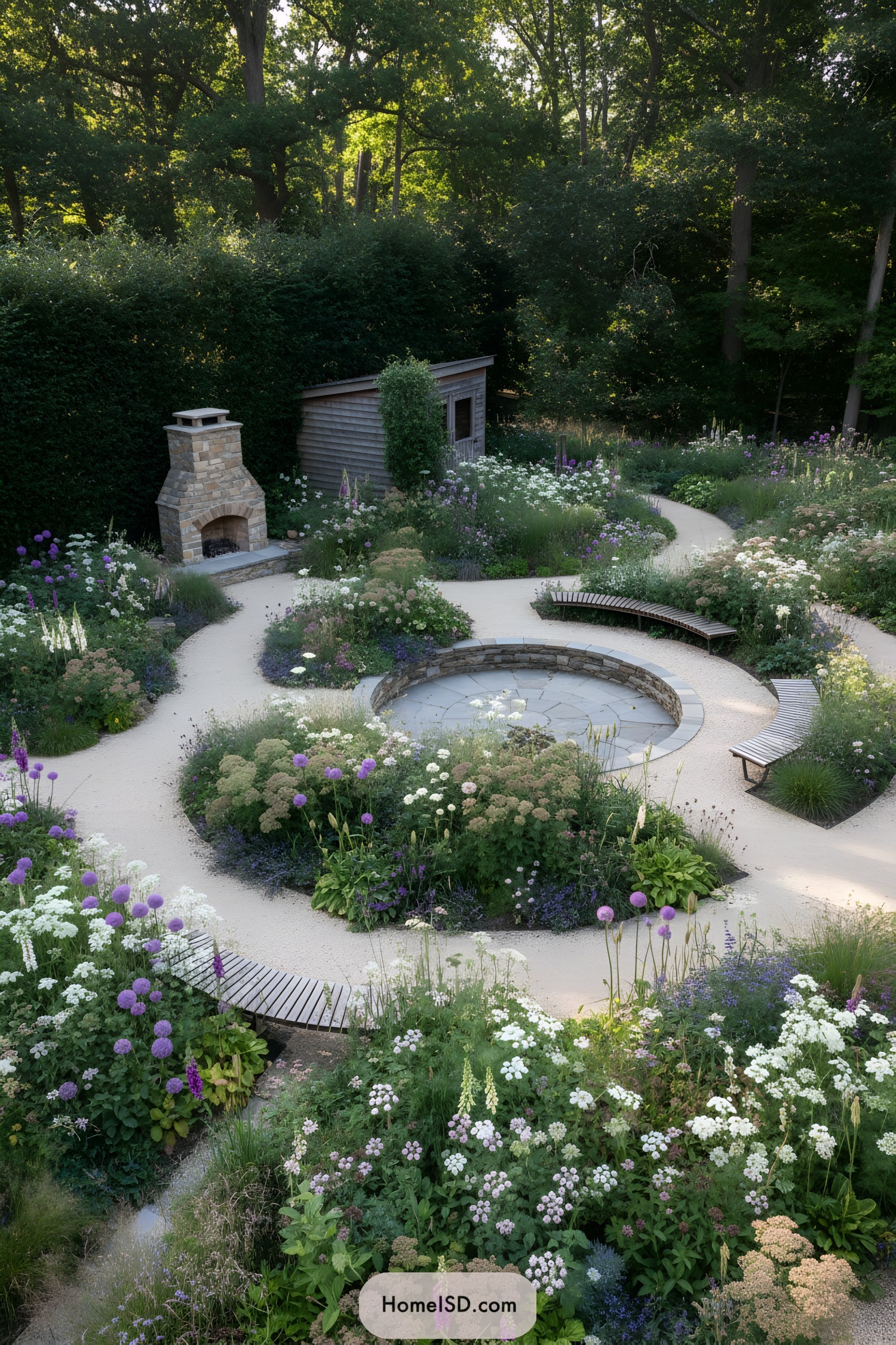 Curved garden paths around circular patio