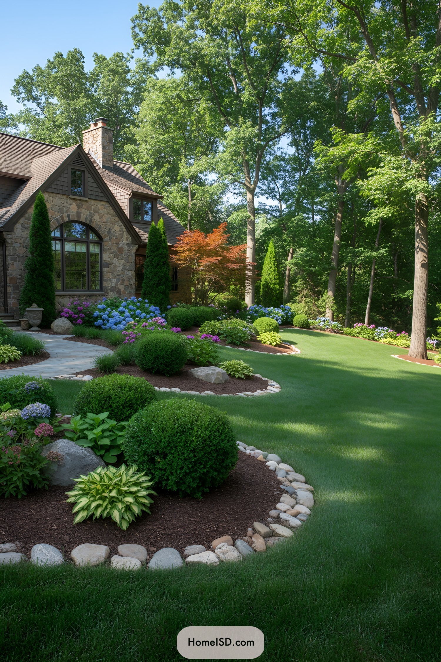 Curved pebble-edged planting beds beside a stone cottage and manicured lawn
