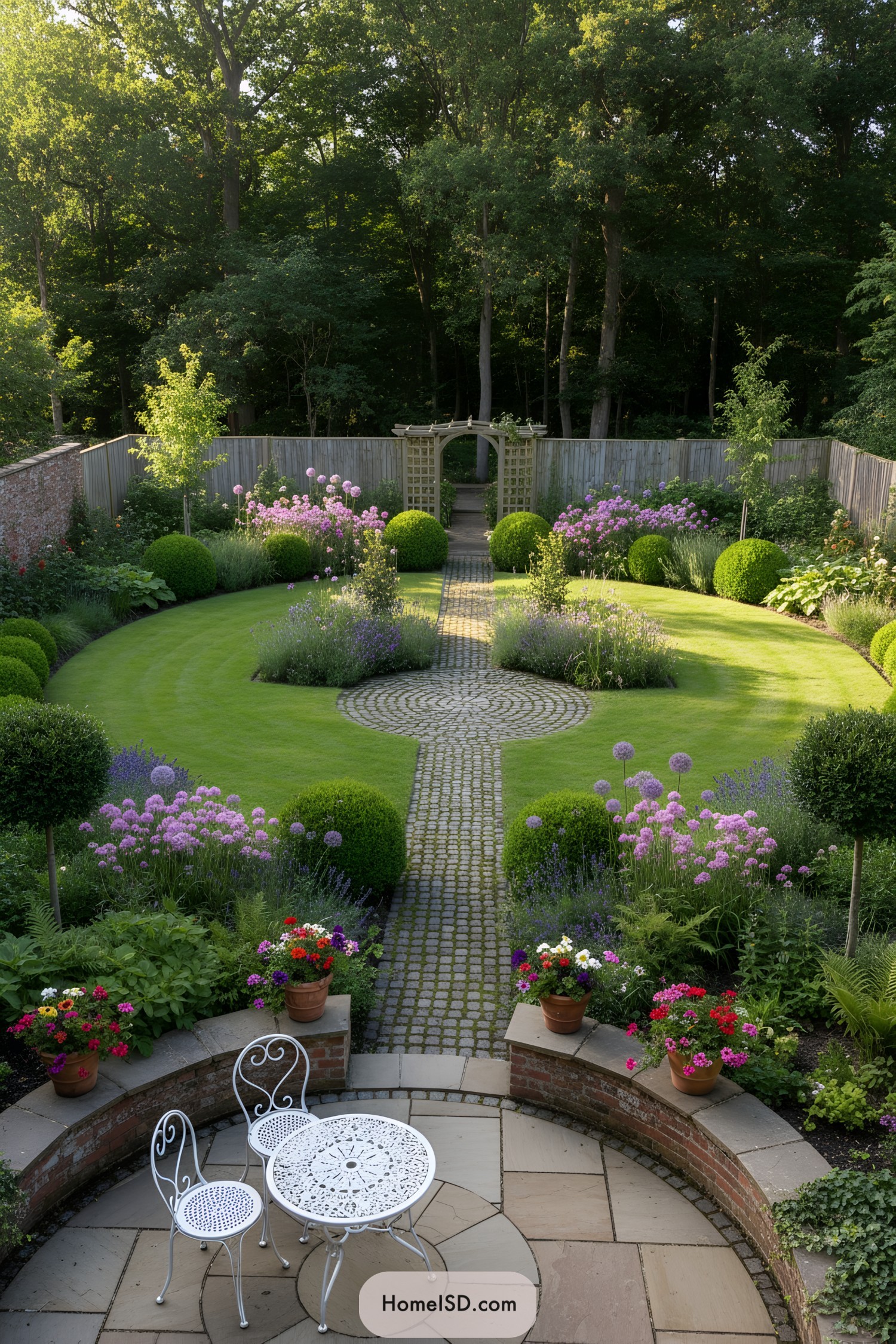 Curved lawn garden with cobbled path and white bistro seating