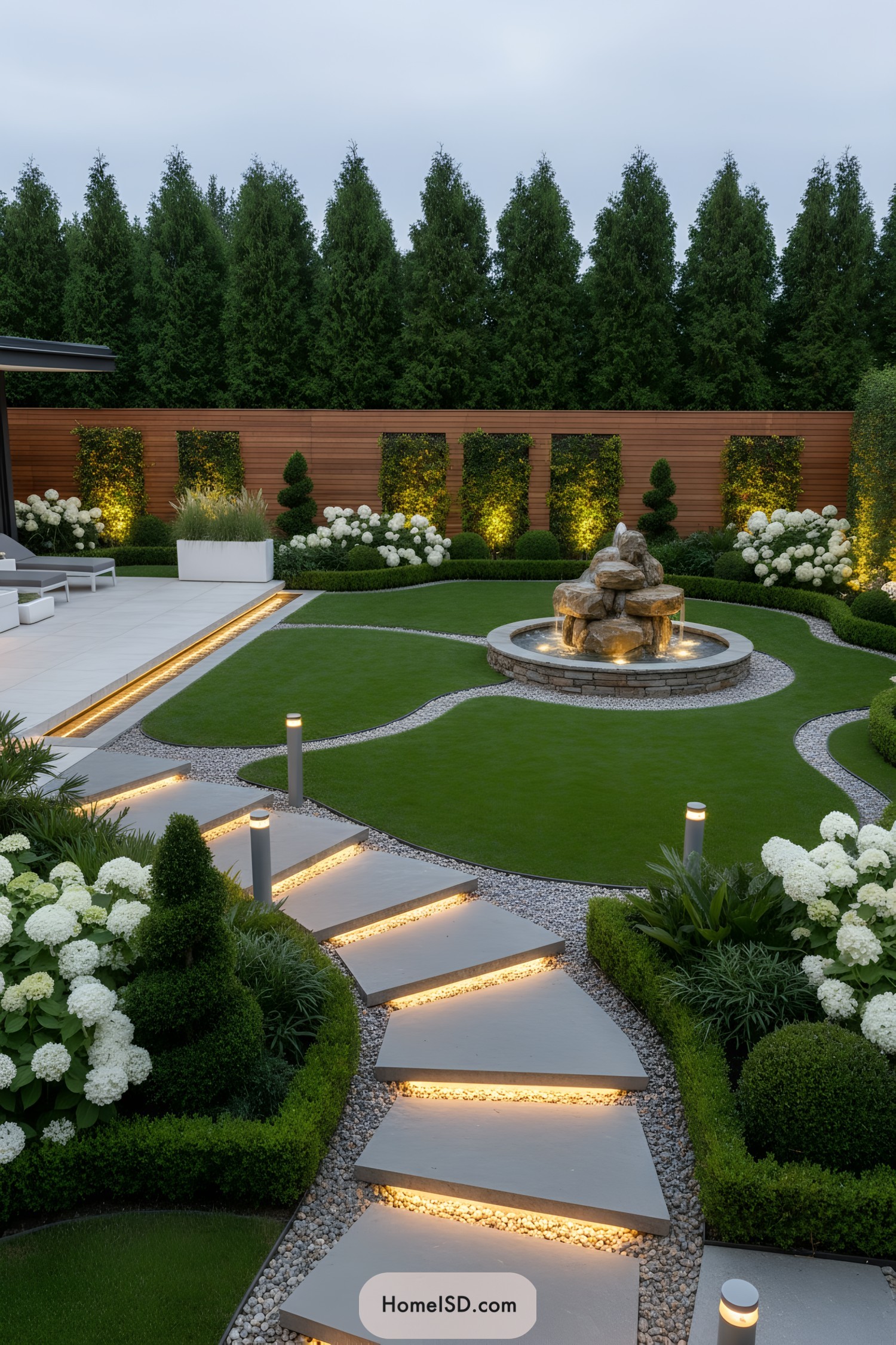 Modern curved lawn garden with glowing stone path and central fountain