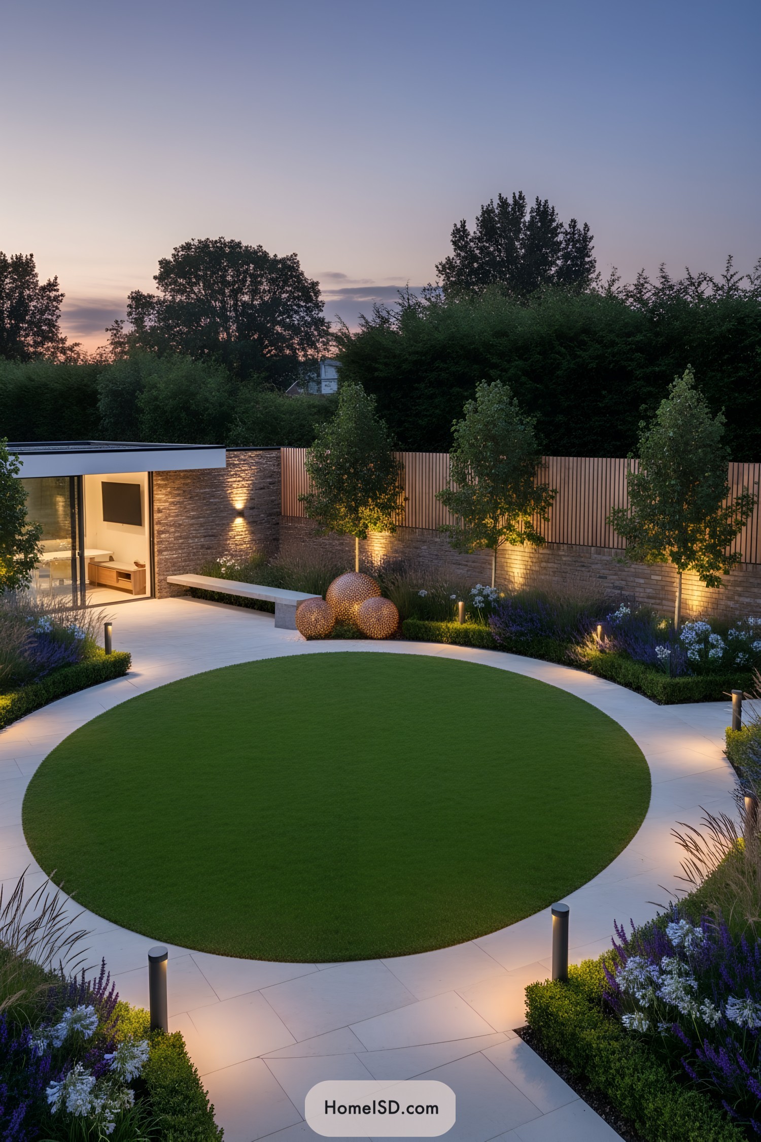 Modern circular lawn courtyard lit at dusk