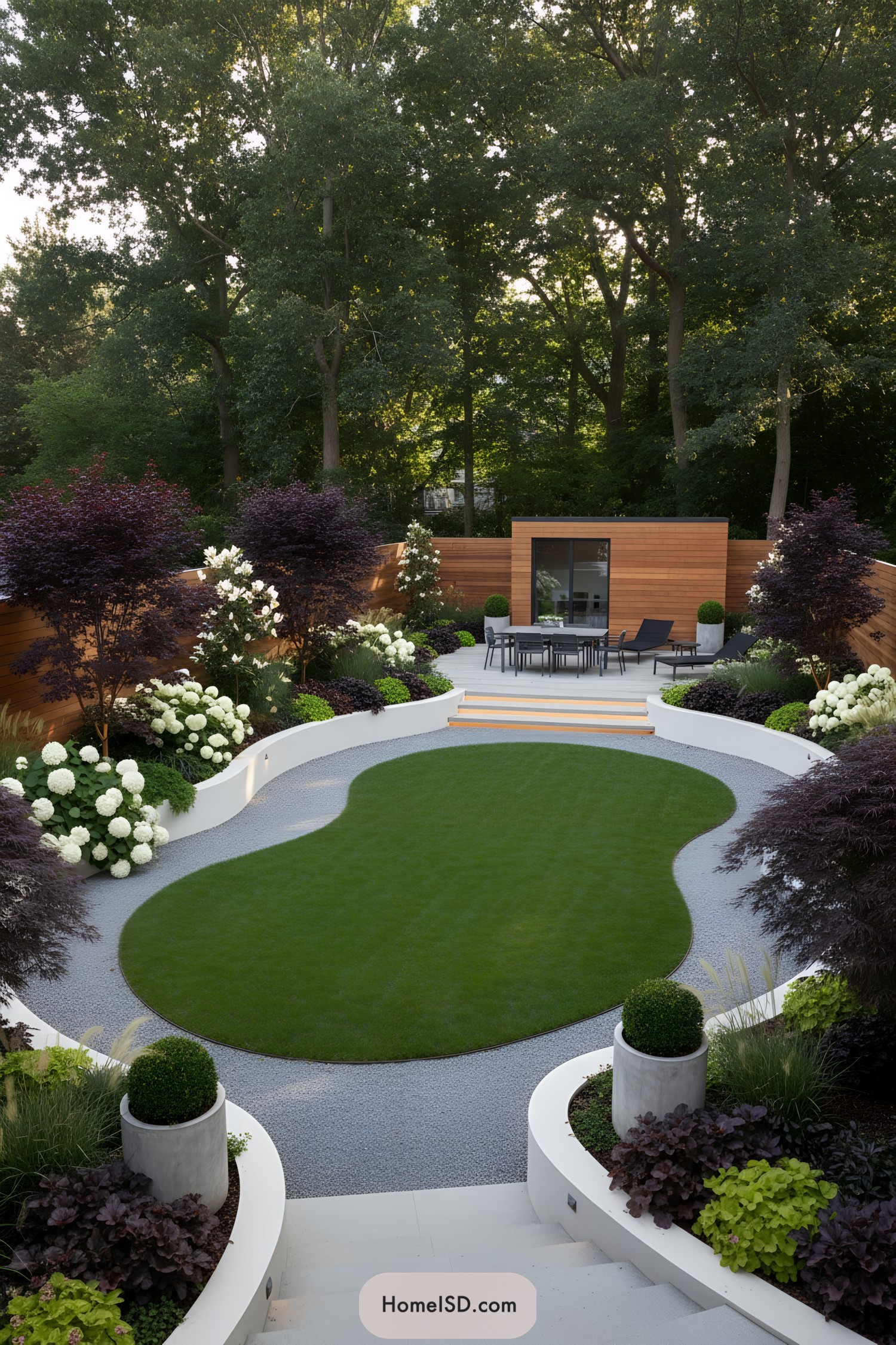 Curved modern backyard lawn with pebble border