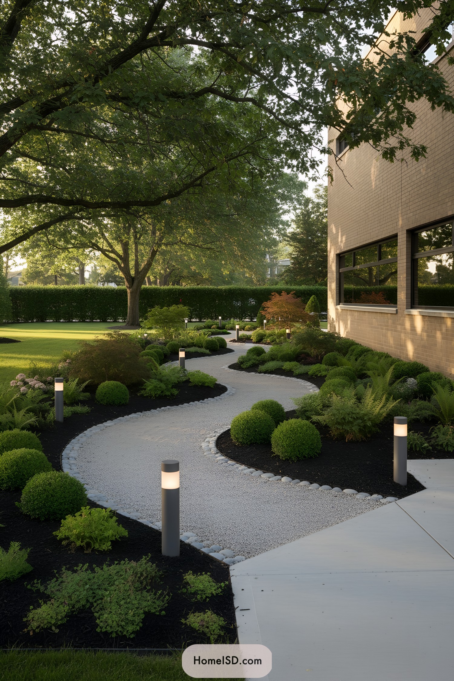 Curved gravel path with bollard lights through sculpted shrubs beside a modern house