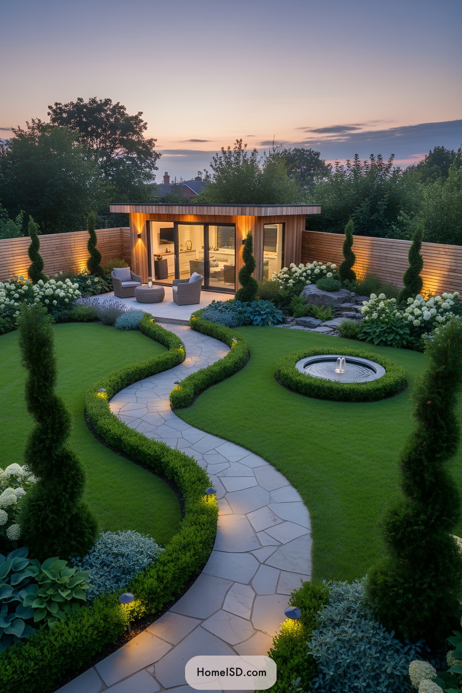 Curving stone path through sculpted lawn to a modern garden studio at dusk