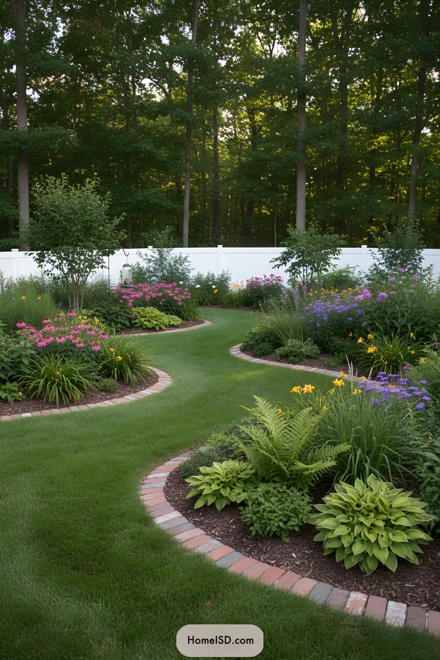 Curving lawn path bordered by brick and lush flower beds