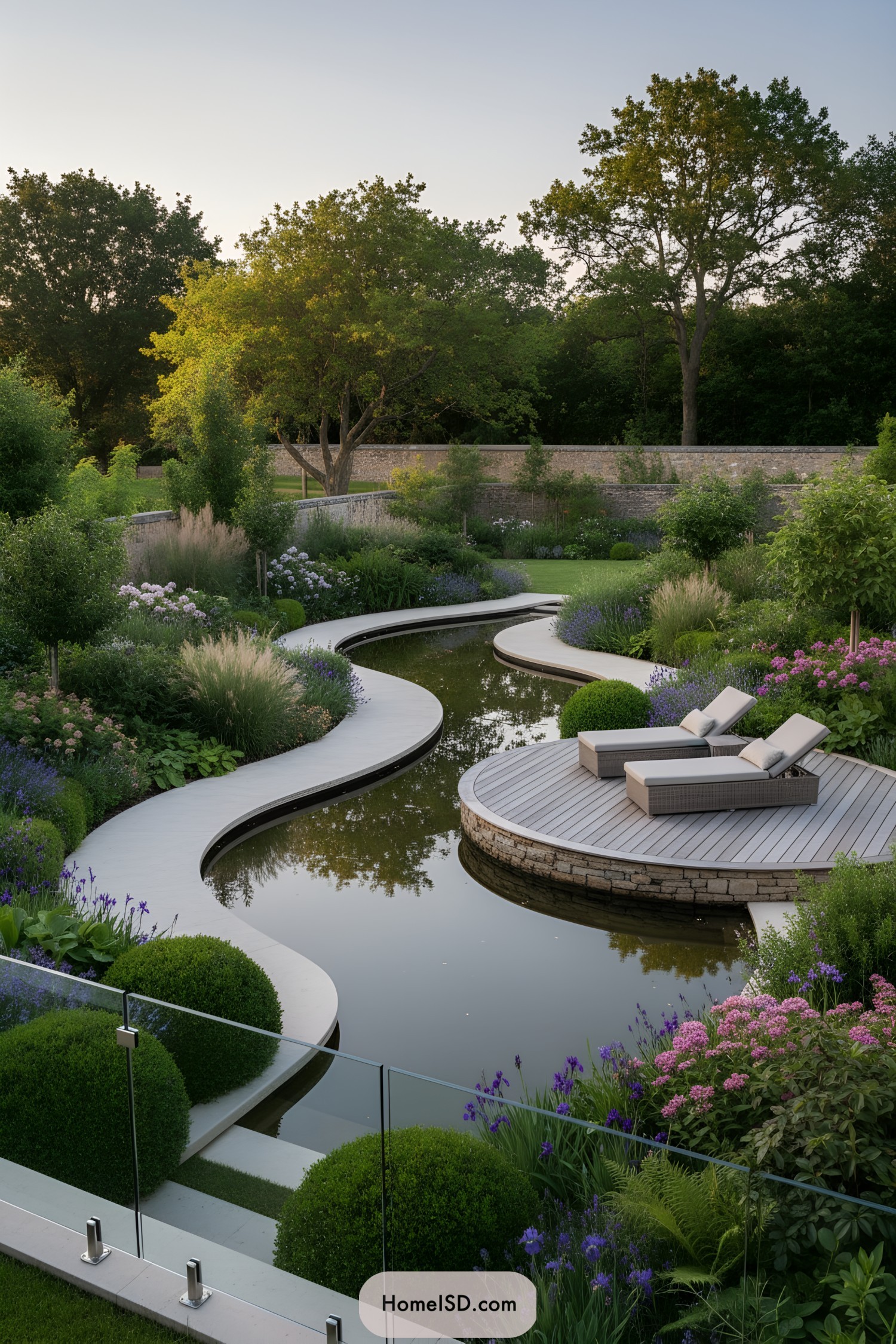 Curved deck pathways with lounge chairs over a reflective pond surrounded by lush plantings