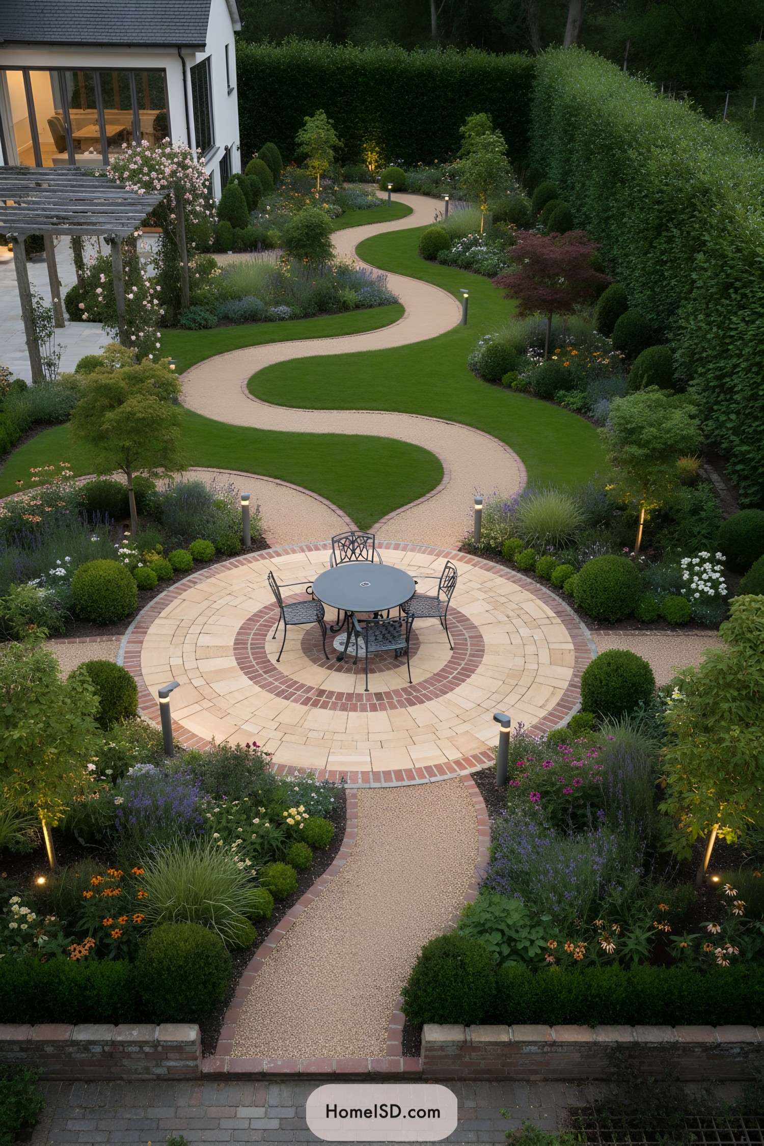 Curved garden path with circular patio seating