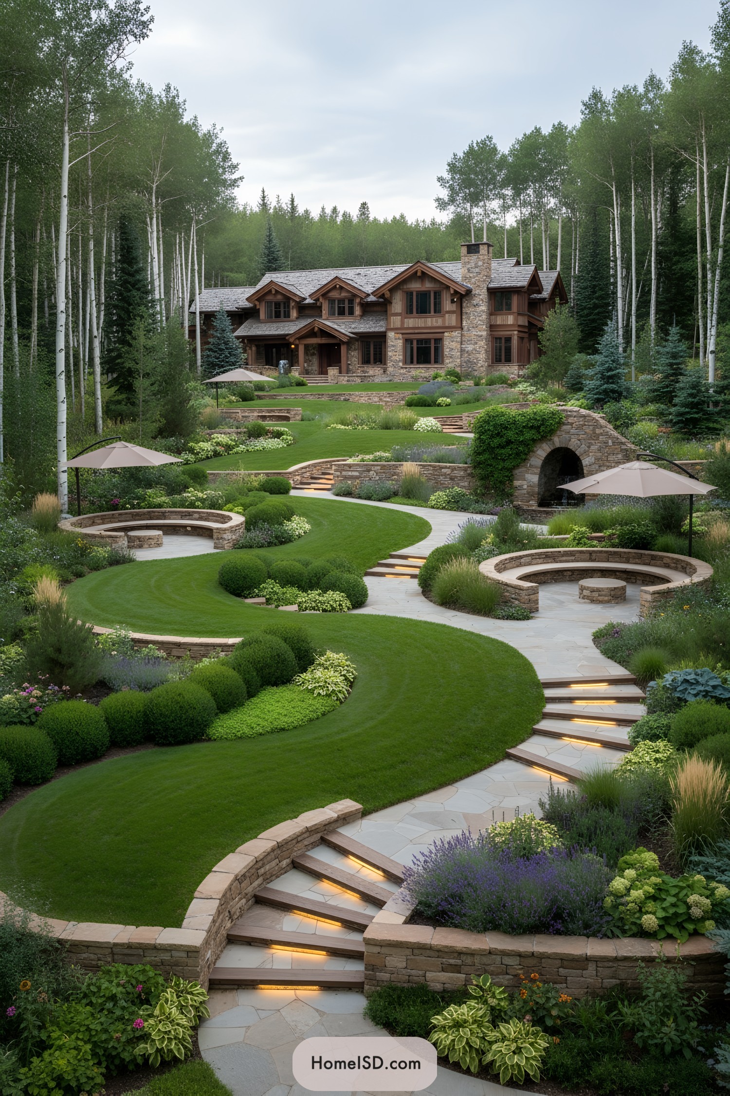 Terraced curved lawn with stone paths and glowing steps leading to a rustic lodge