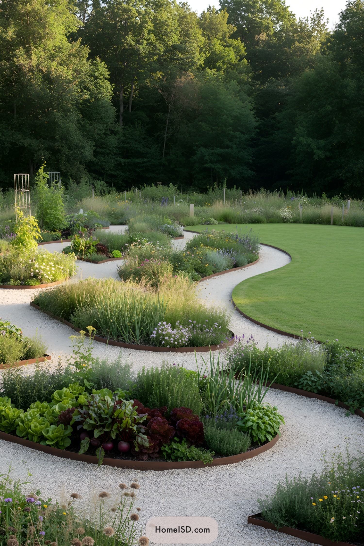 Curving gravel paths weaving through raised meadow planting beside a smooth lawn, backed by a dense woodland edge