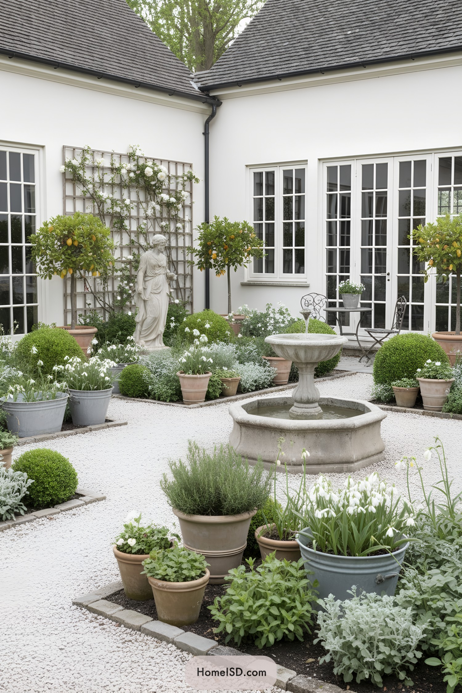 Elegant courtyard garden with central fountain and classical statue