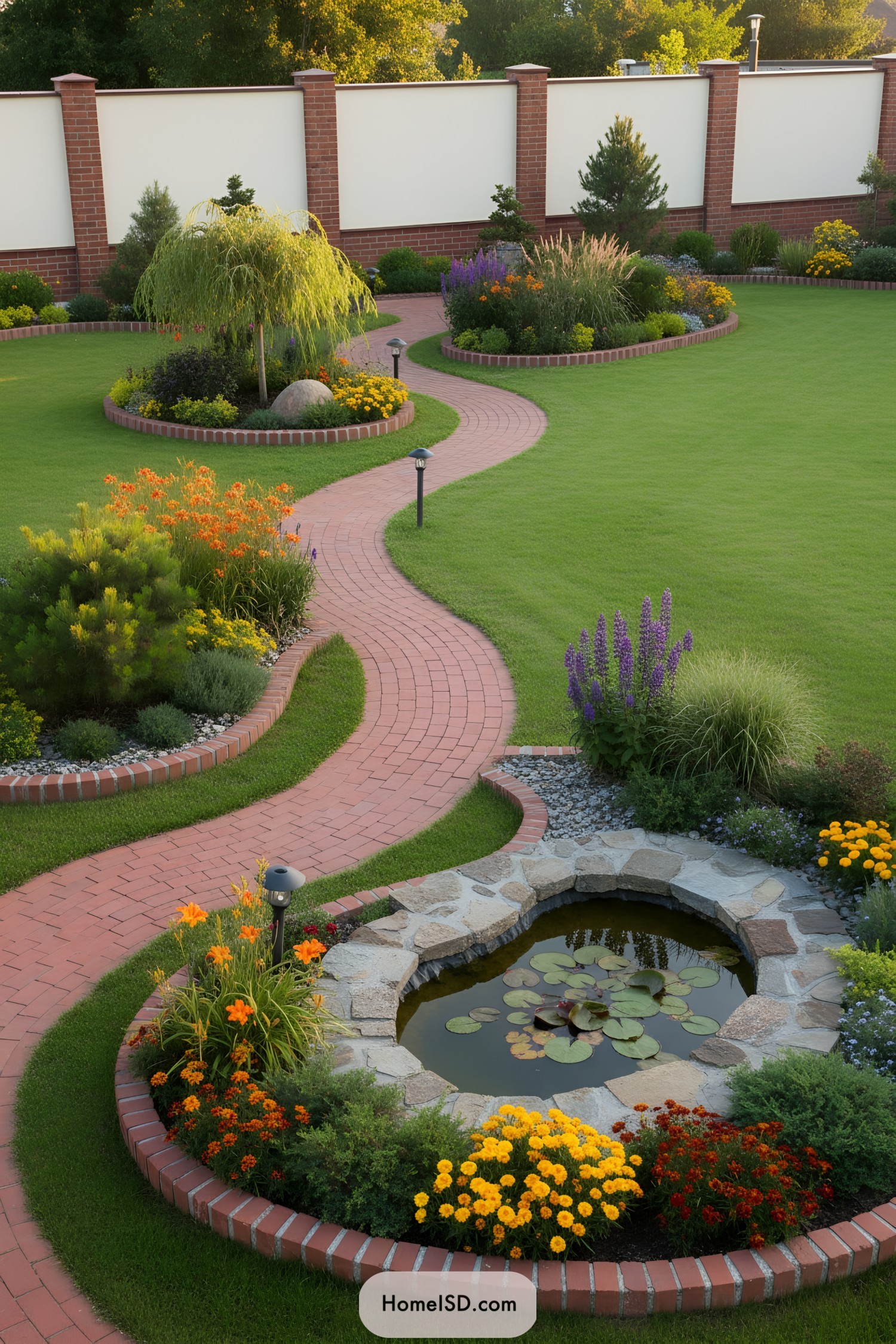 Curving brick path through manicured lawn, flower beds, and a small stone-edged lily pond
