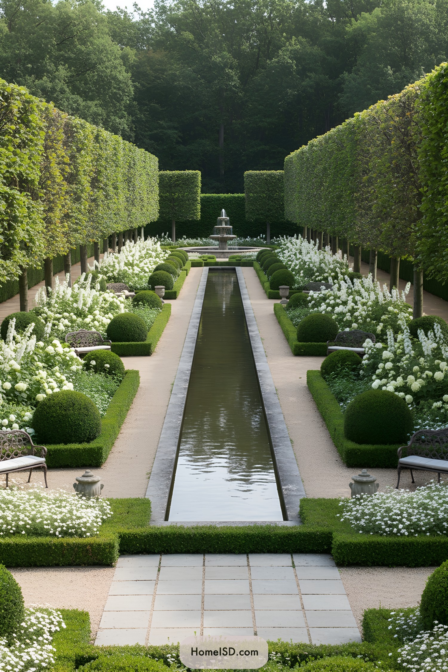Formal garden with long narrow reflecting pool flanked by clipped hedges, white flowers, and a tiered fountain