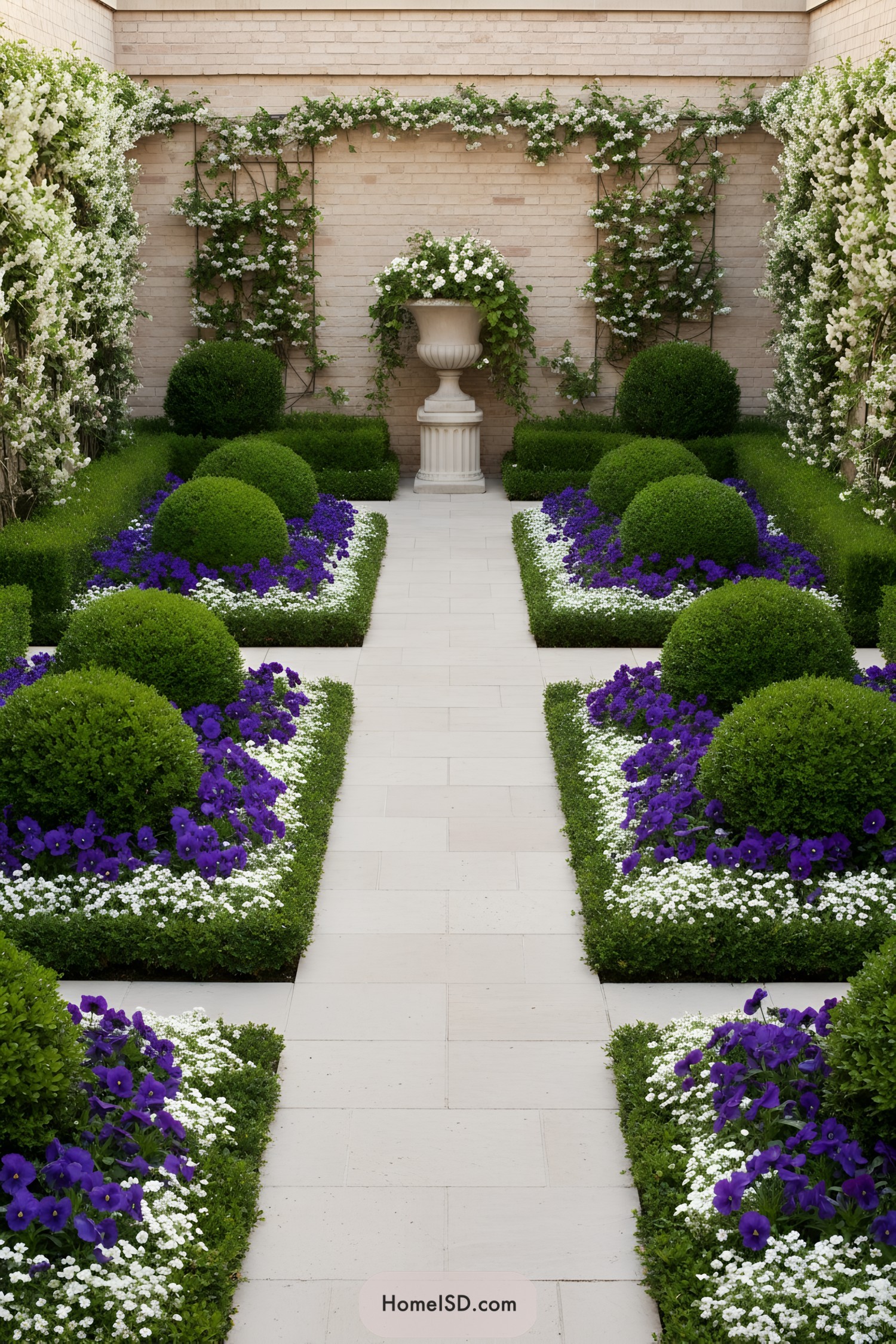 Formal courtyard garden with clipped boxwood mounds and purple and white flower beds