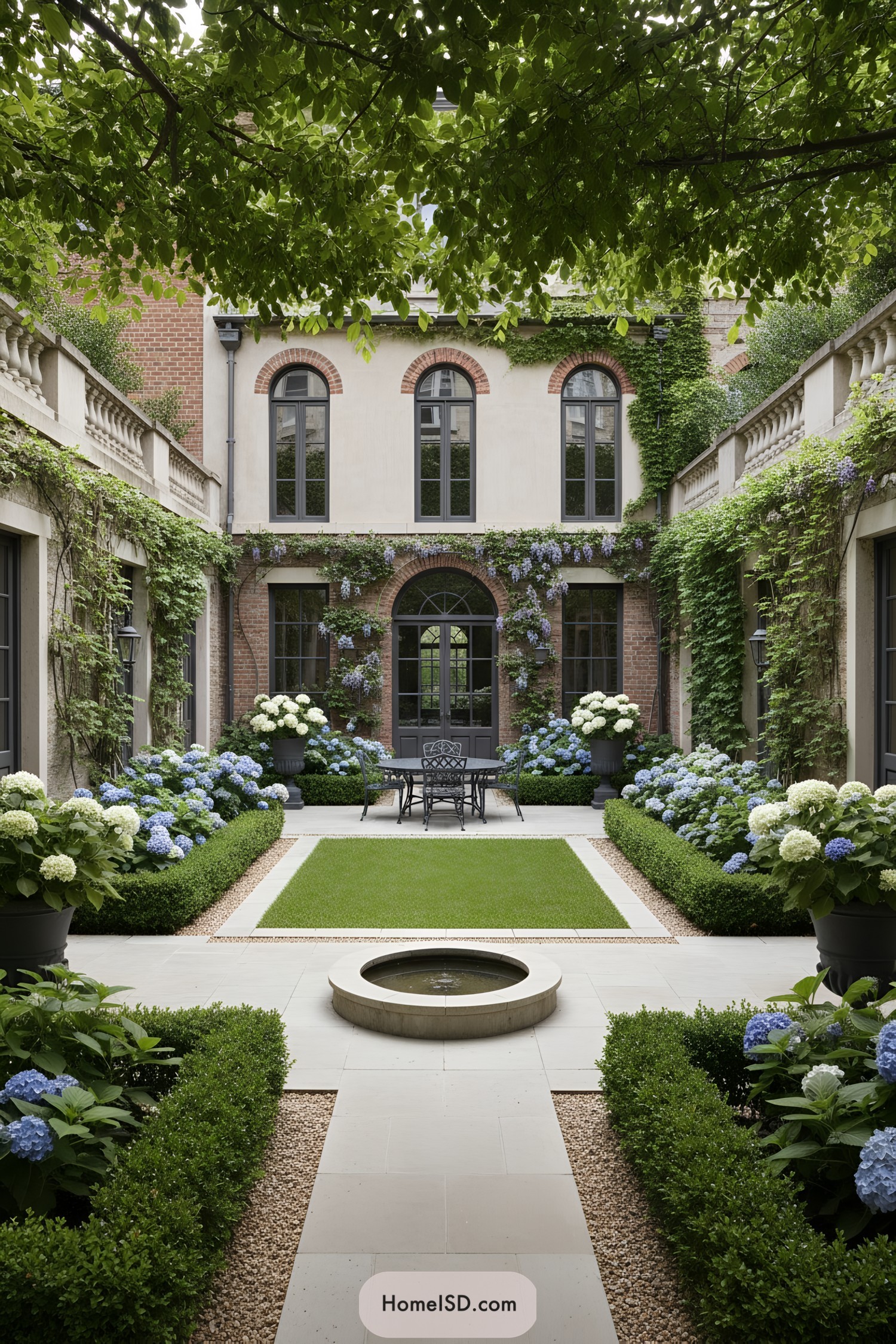 Symmetrical courtyard garden with hydrangeas and fountain