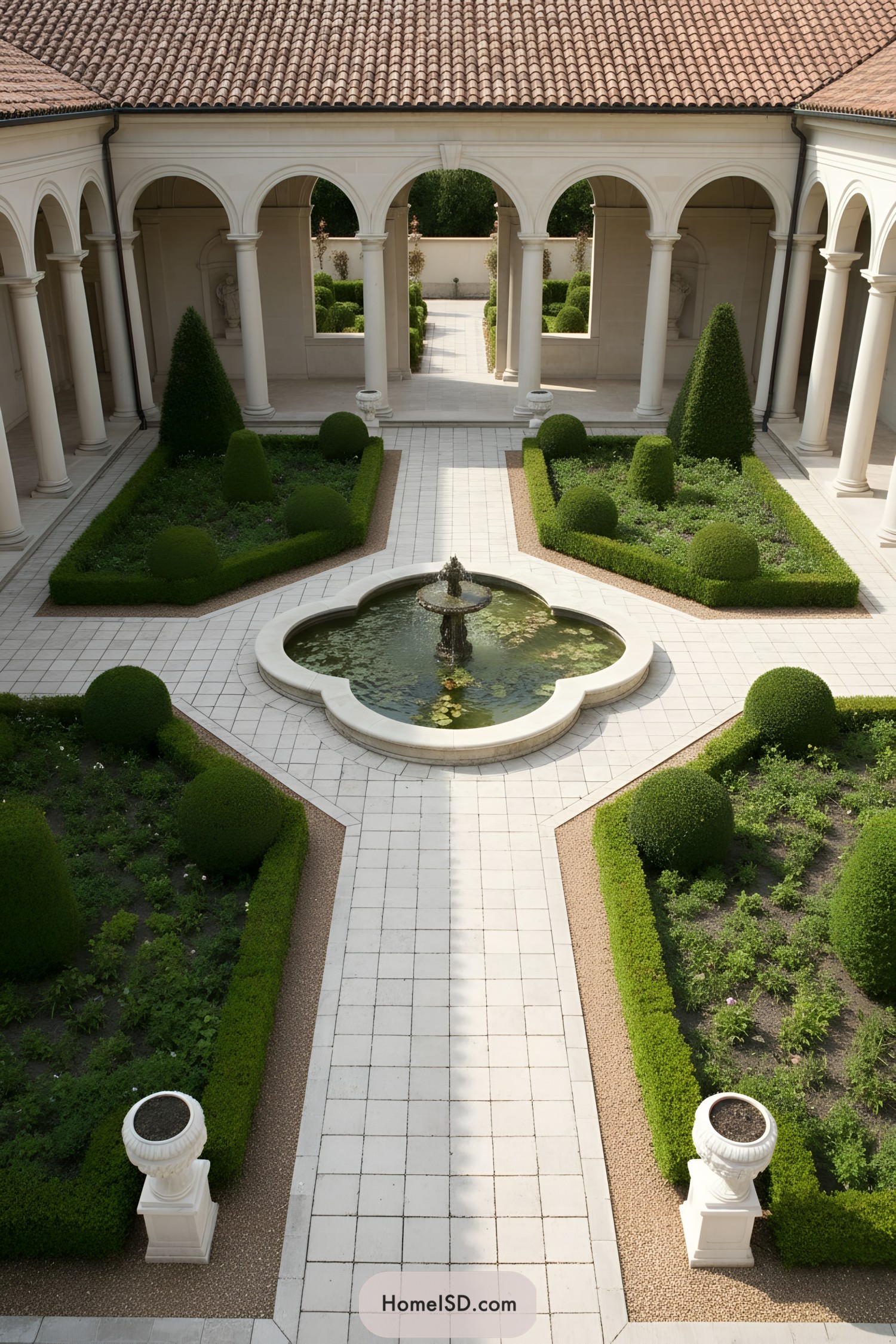 Formal courtyard garden with central quatrefoil fountain, clipped boxwood beds, and surrounding arched colonnade