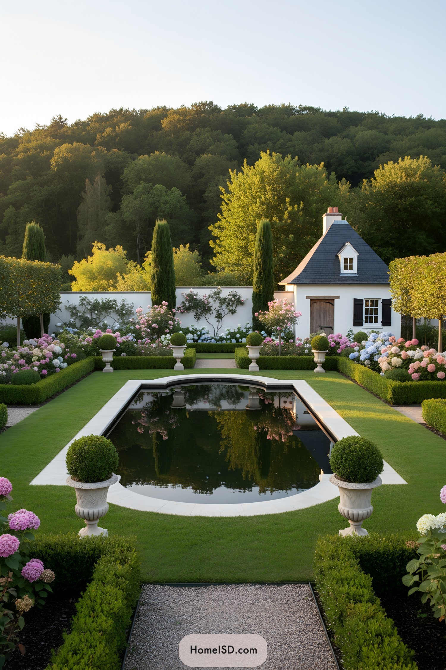 Elegant formal garden with rectangular reflecting pool bordered by clipped hedges, hydrangeas, and a small cottage