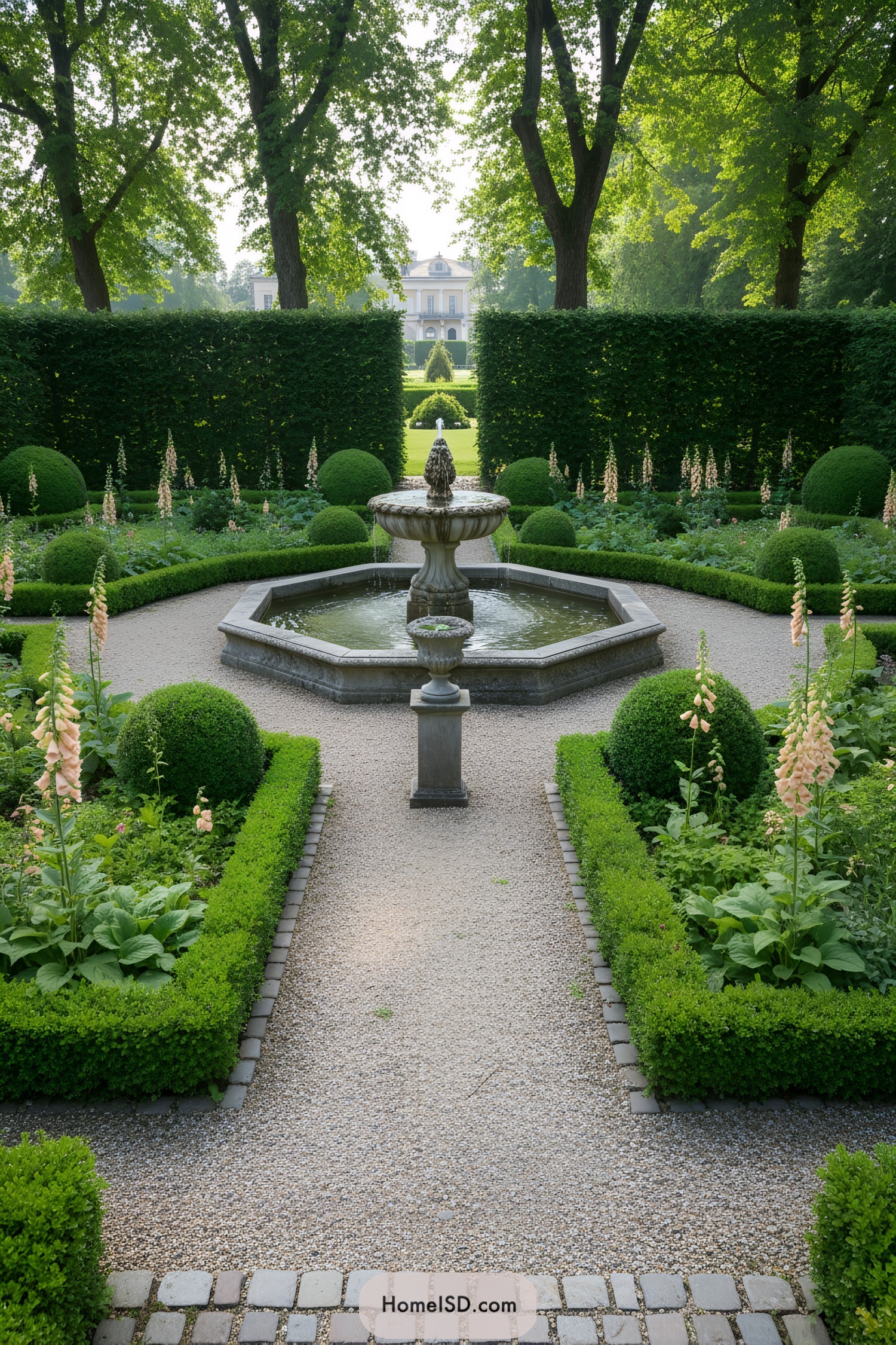 Formal garden with central stone fountain and boxwood hedges