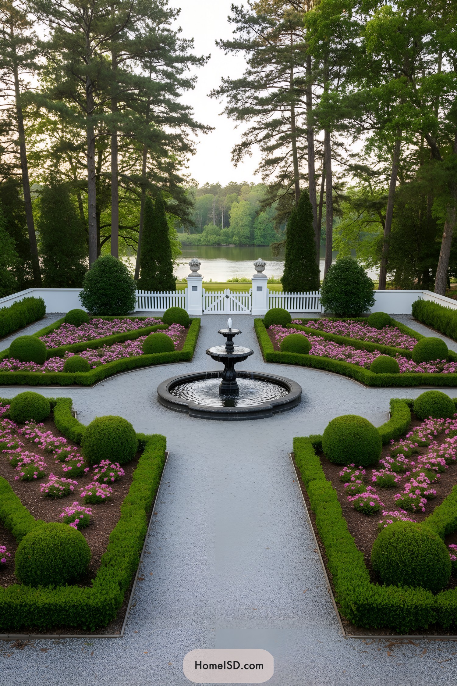 Symmetrical parterre garden with central fountain