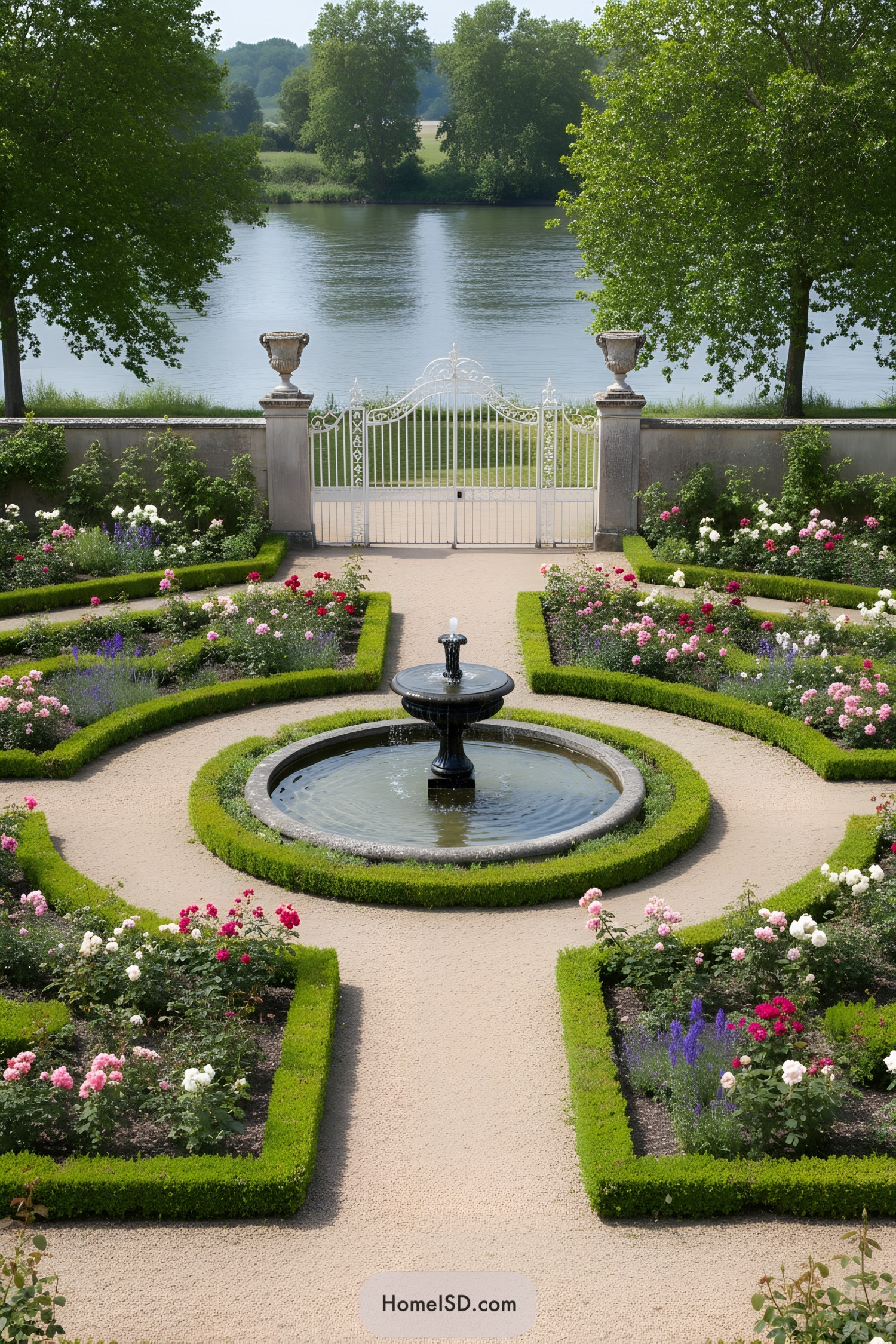 Formal riverside parterre garden with fountain