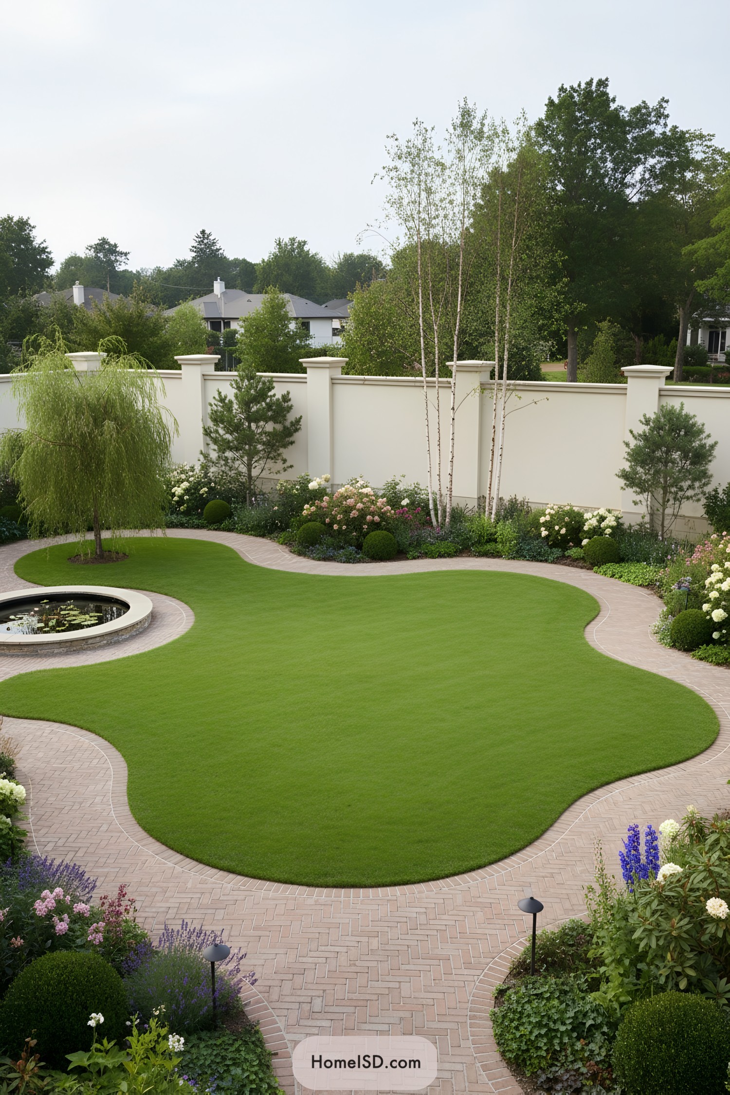 Enclosed garden with curving lawn, brick paths, and a round reflecting pond